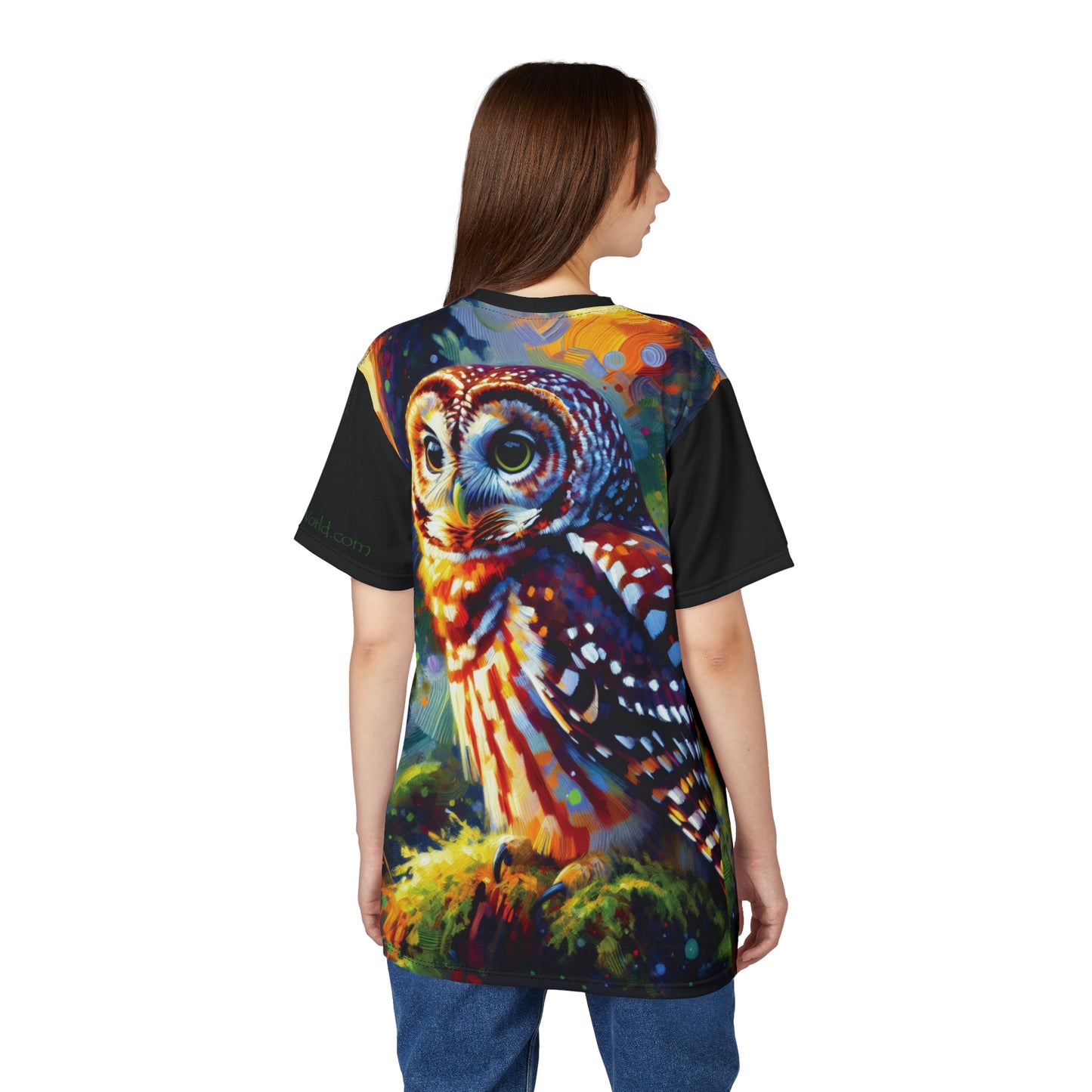 Barred Owl at Sunset Vibrant Art Tee | Colorful Unisex Cut & Sew T-Shirt, Wildlife Apparel, Unique Graphic Tee, Birthday Gift