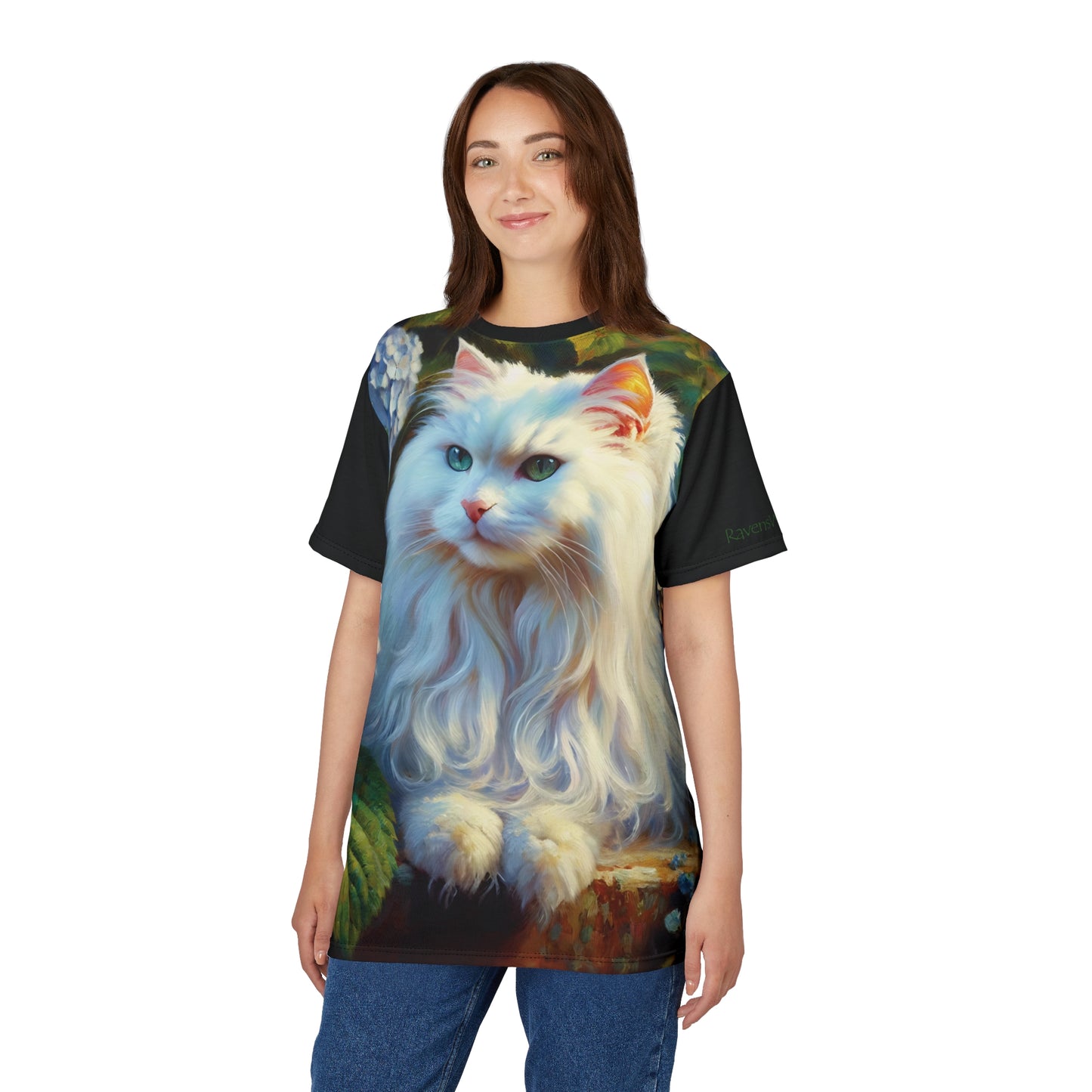 White Cat with Hydrangeas Vibrant Art Tee | Colorful Unisex Cut & Sew T-Shirt, Cat Lover Apparel, Unique Graphic Tee, Birthday Gift