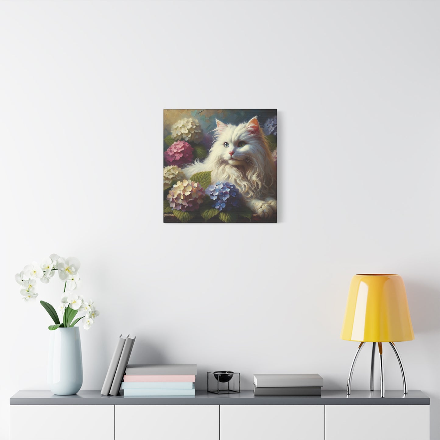 The Artist's White Cat with Hydrangeas, Impressionist Style Canvas Wall Art