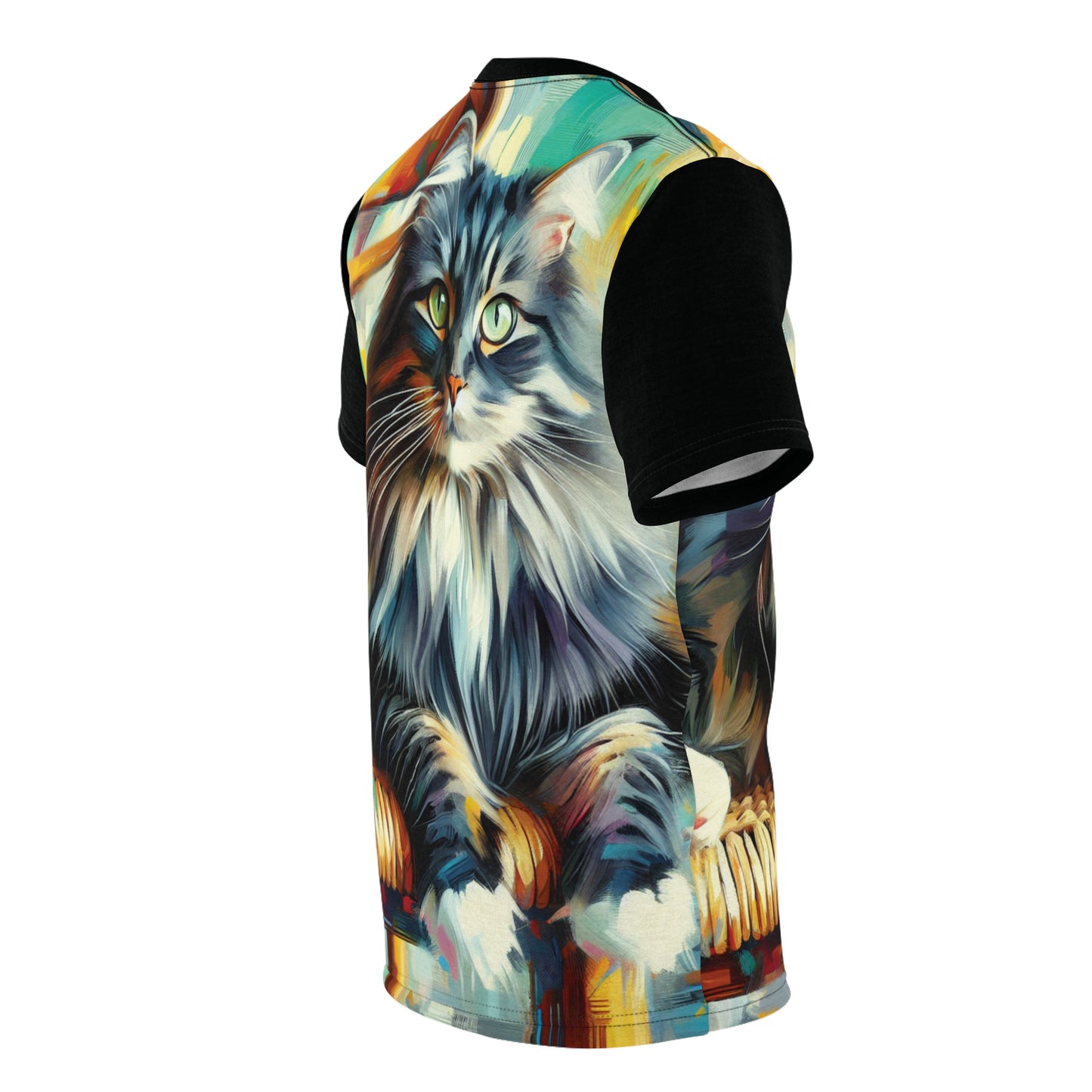 Longhaired Cat on Wooden Chair Vibrant Art Tee | Colorful Unisex Cut & Sew T-Shirt, Wildlife Apparel, Unique Graphic Tee, Birthday Gift