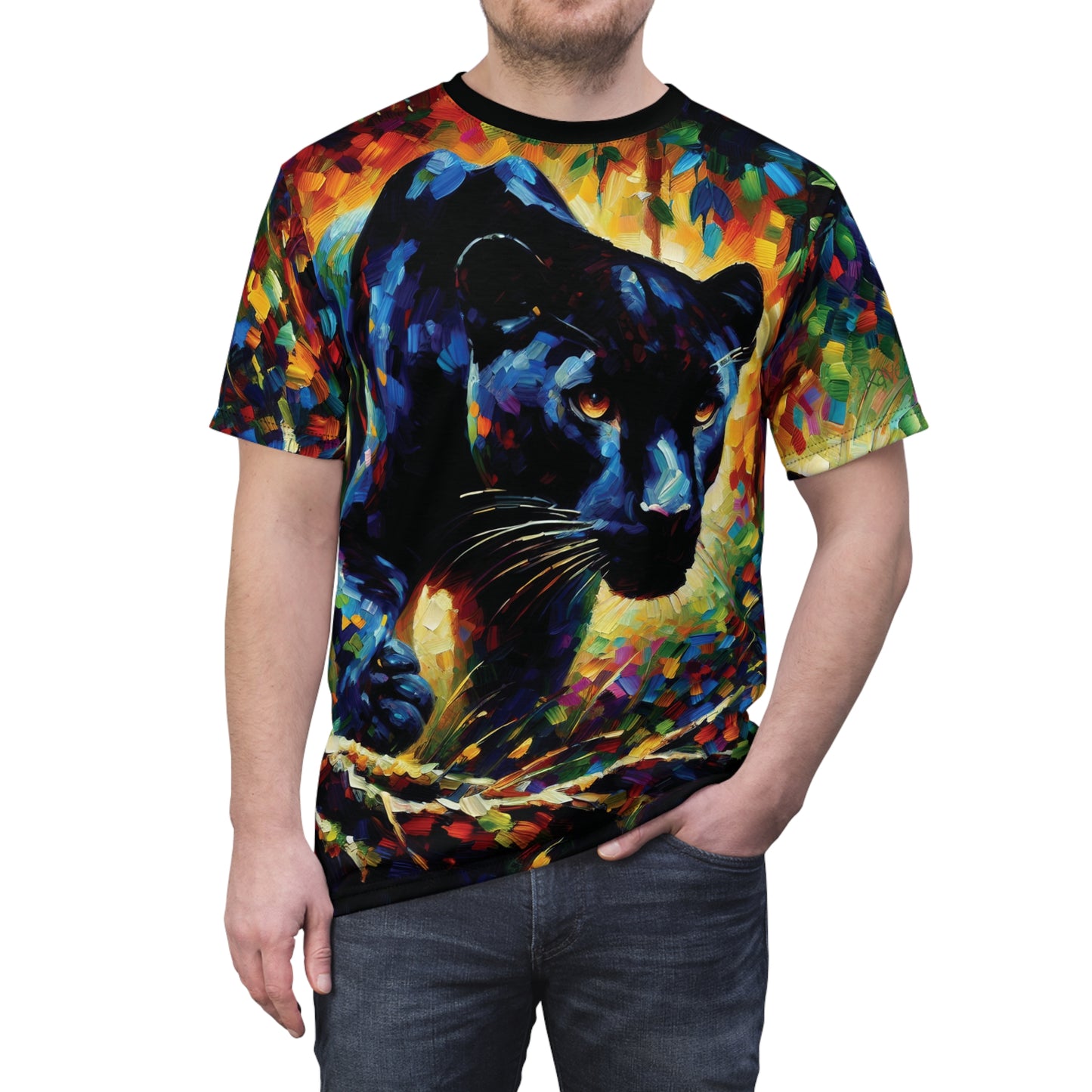 Stalking Black Panther in Jungle Vibrant Art Tee | Colorful Unisex Cut & Sew T-Shirt, Wildlife Apparel, Unique Graphic Tee, Birthday Gift