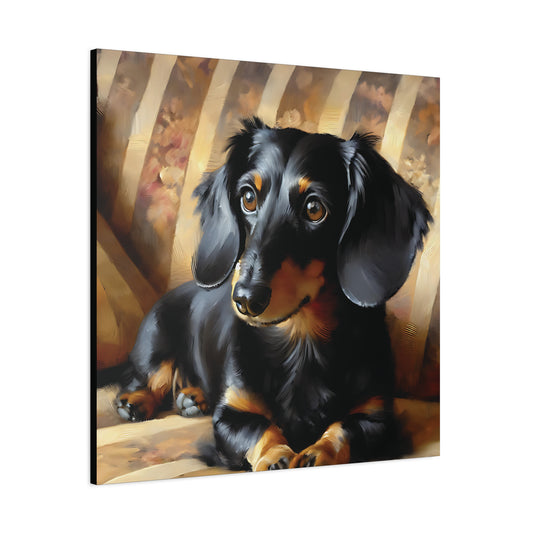 Canvas print of a dachshund dog with a warm, striped background
