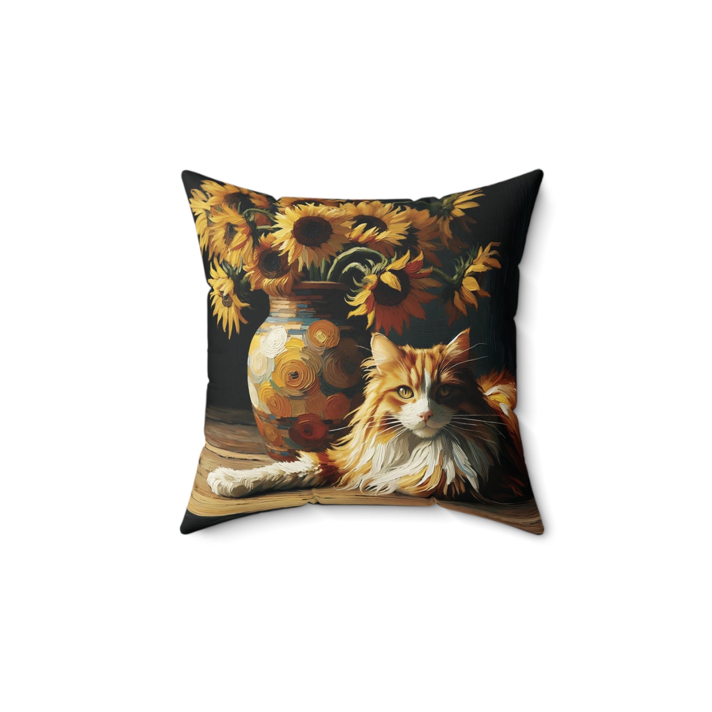 Throw Pillow - Orange and White Cat with Sunflowers Cozy Decorative Cushion - Cozy Faux Suede Cover