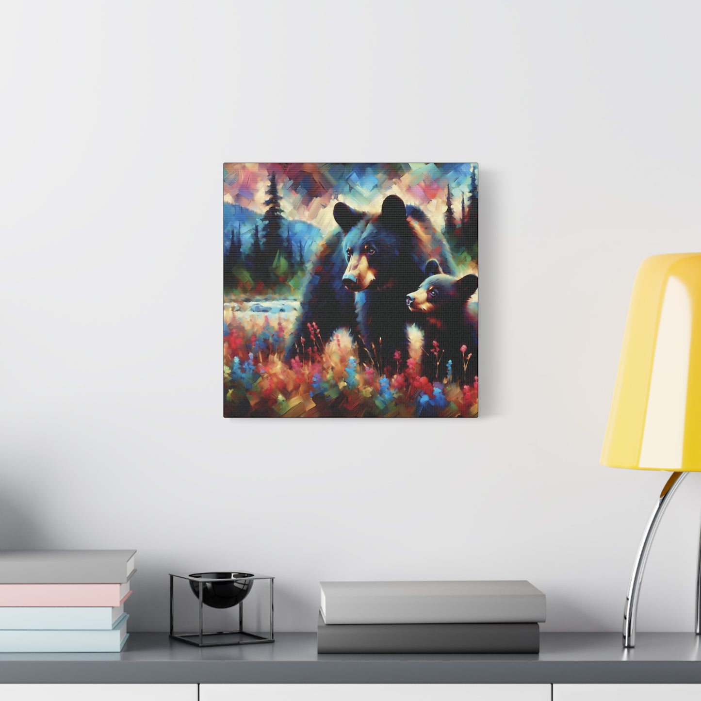 Canvas Wall Art - Black Bear with Cub in Forest Clearing - Contemporary Impressionist Art Print