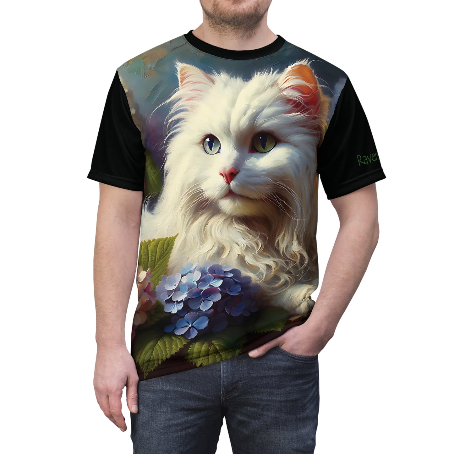 Young White Cat with Hydrangeas Vibrant Art Tee | Colorful Unisex Cut & Sew T-Shirt, Cat Lover Apparel, Unique Graphic Tee, Birthday Gift