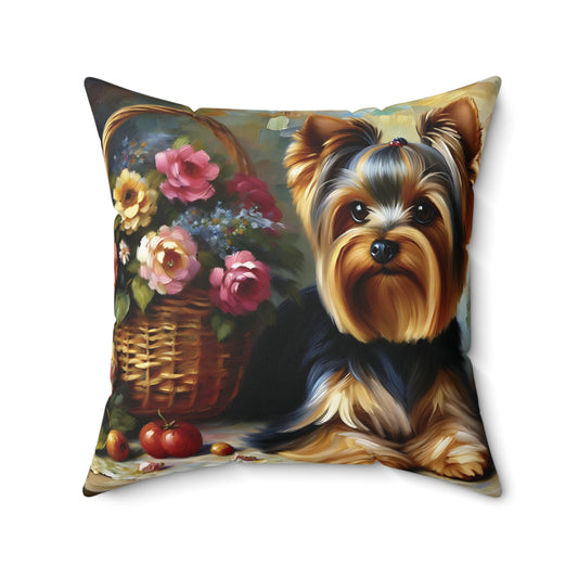 Yorkie Throw Pillow - Yorkshire Terrier with a Basket of Flowers Impressionist Style Art on a Faux Suede Pillow