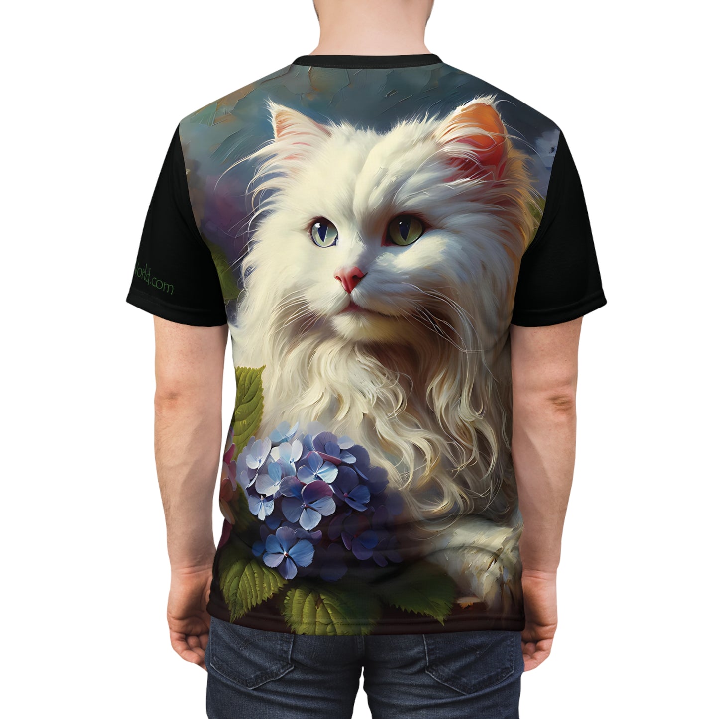 Young White Cat with Hydrangeas Vibrant Art Tee | Colorful Unisex Cut & Sew T-Shirt, Cat Lover Apparel, Unique Graphic Tee, Birthday Gift