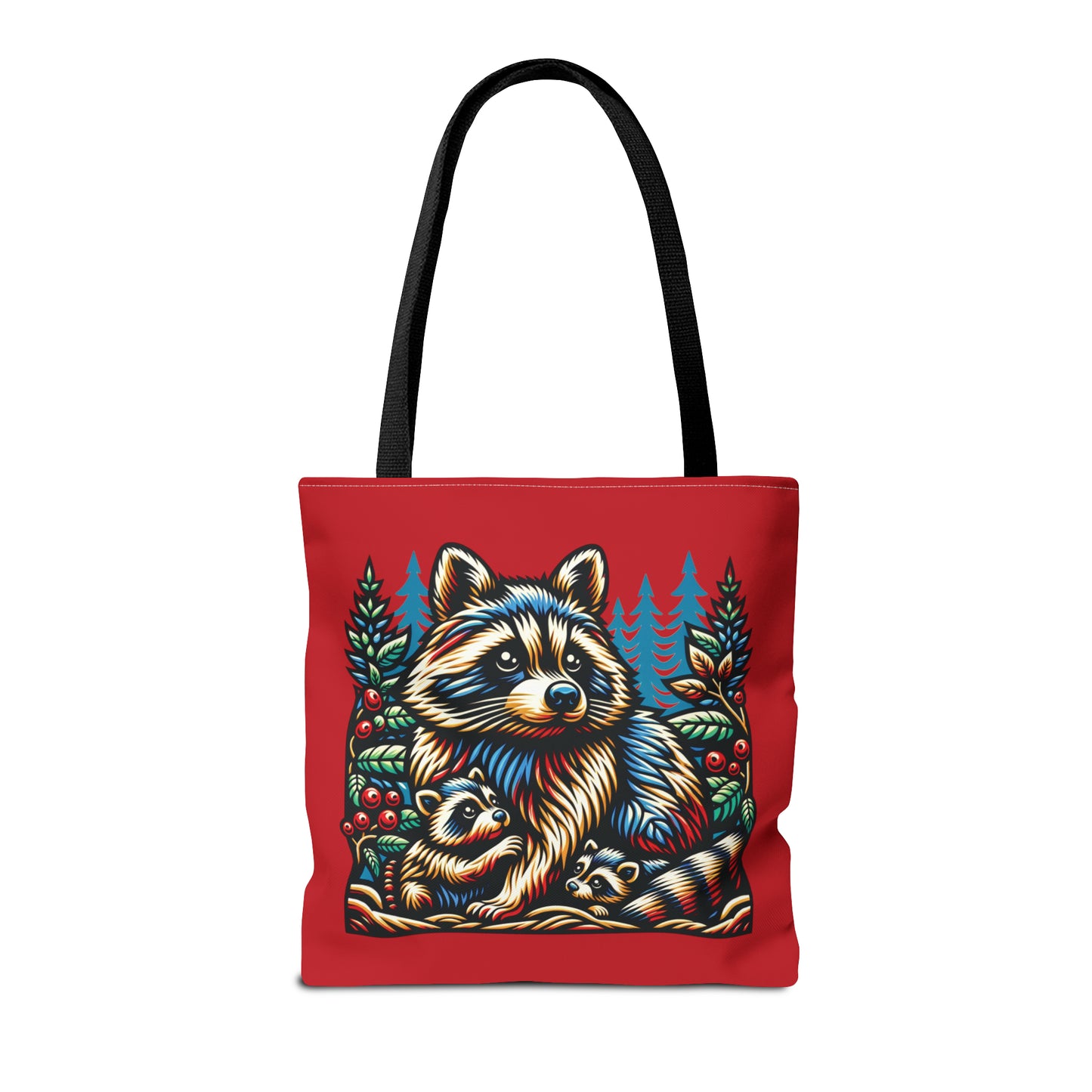 Woodcut Raccoon and Kits Tote Bag