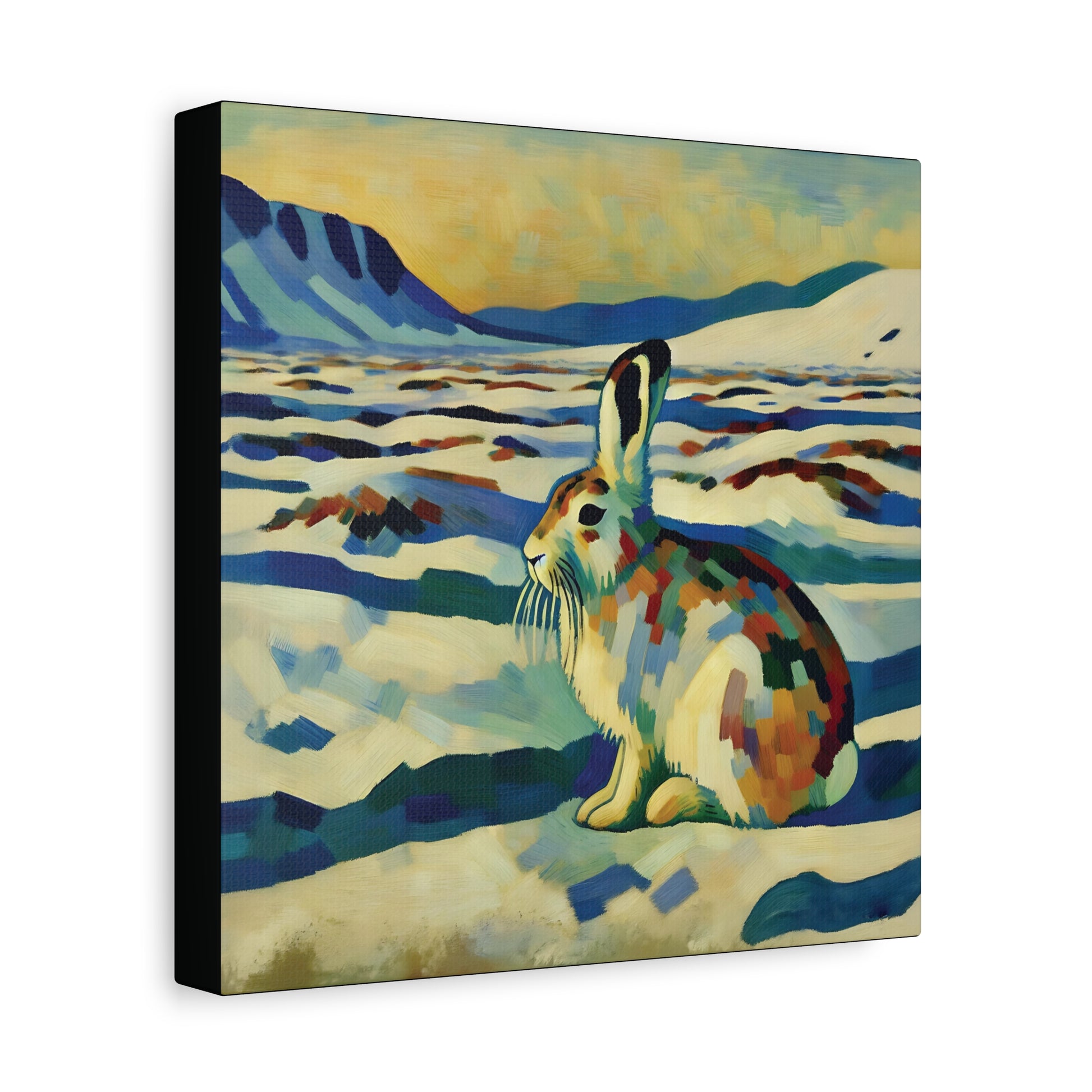 Canvas print of a stylized rabbit in a landscape with mountains and water.