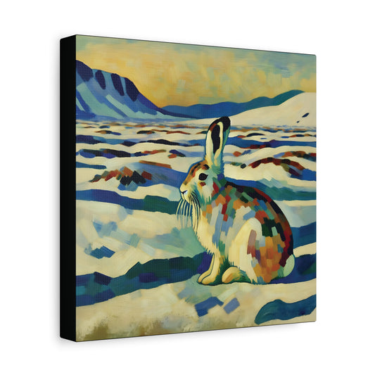 Canvas print of a stylized rabbit in a landscape with mountains and water.