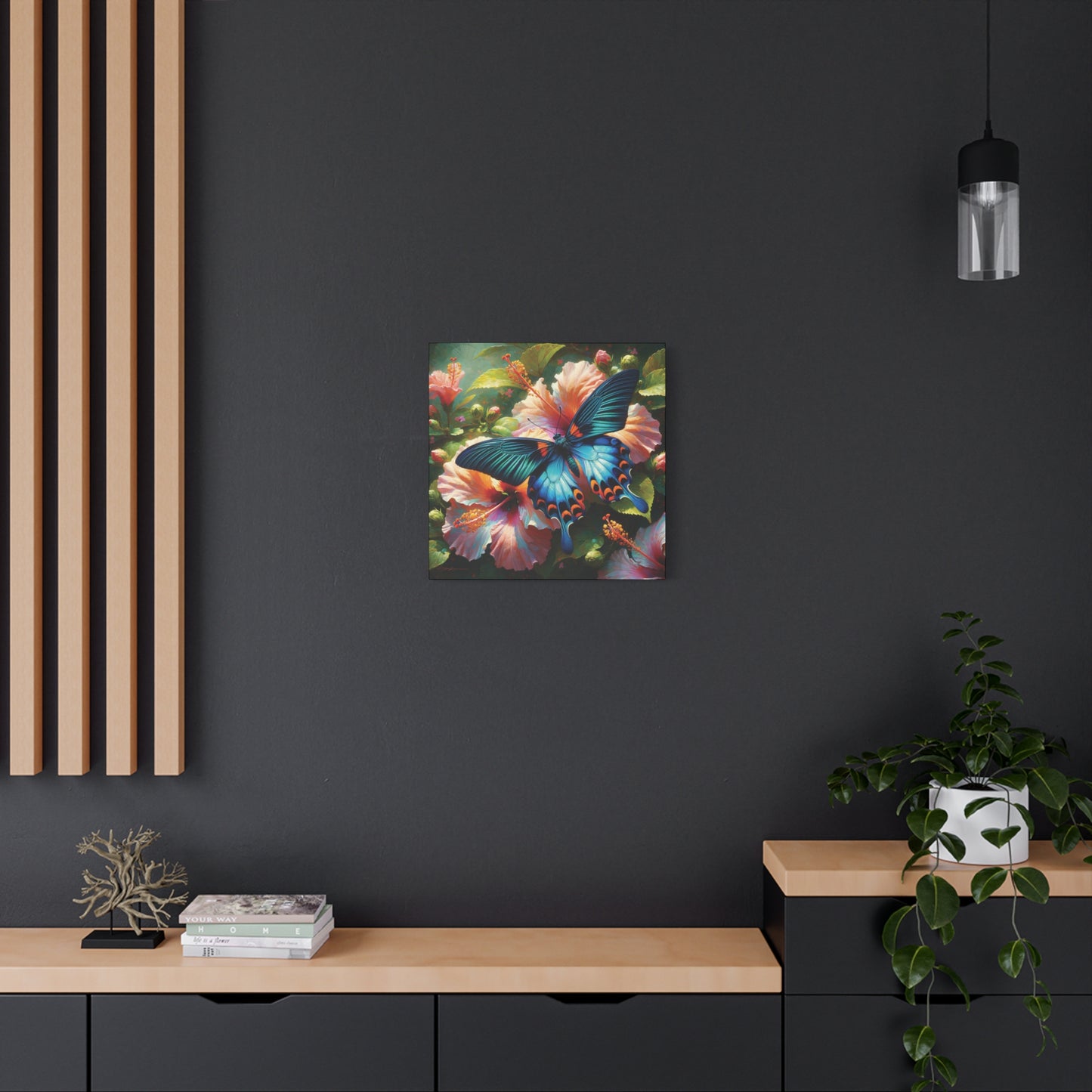 Butterfly Canvas Wall Art - Blue Butterfly with Hibiscus, Impressionist Art Style