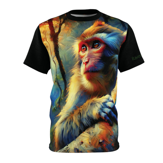 T-shirt with a colorful monkey design on a black shirt