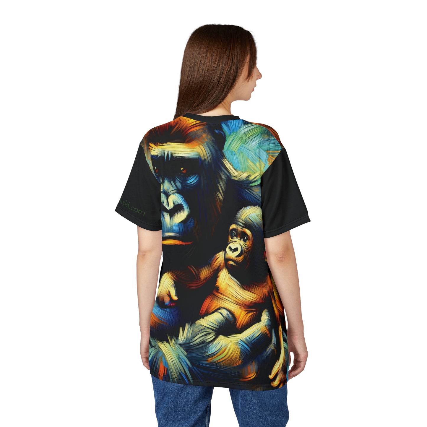Gorilla Holding Baby Art Tee | Colorful Unisex Cut & Sew T-Shirt, Wildlife Apparel, Unique Graphic Tee, Birthday Gift