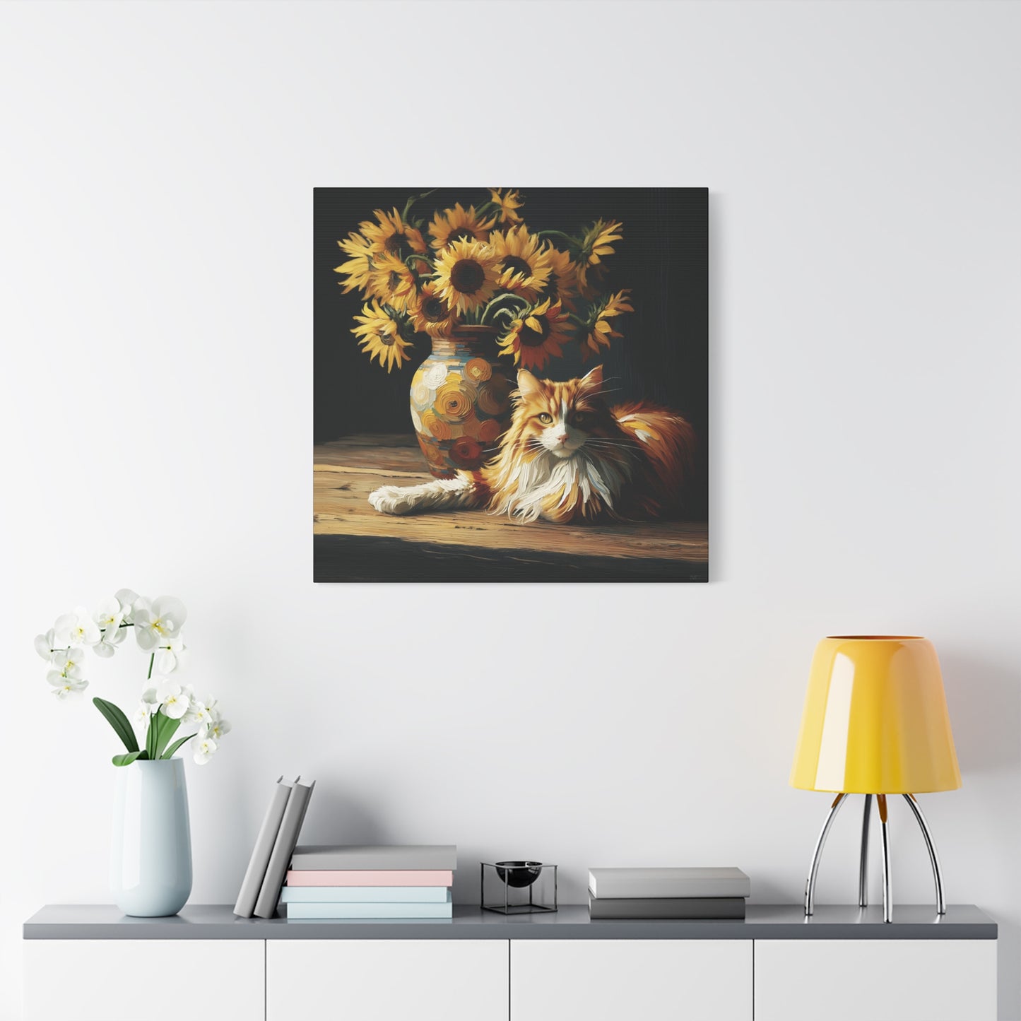 Canvas Wall Art - Orange and White Cat with Sunflowers Old Master Style Art