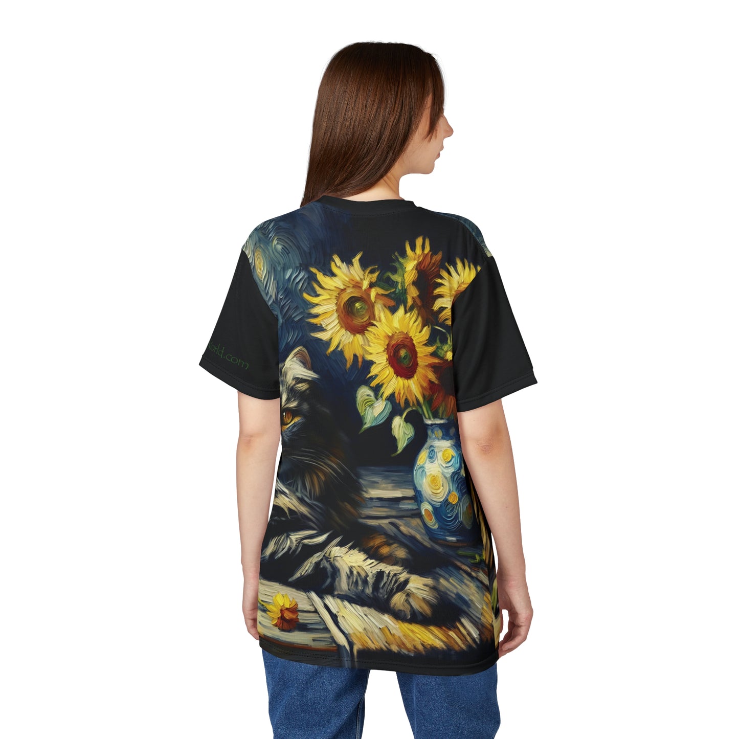 Grey Tabby Cat with Sunflowers Vibrant Art Tee | Colorful Unisex Cut & Sew T-Shirt, Cat Lover Apparel, Unique Graphic Tee, Birthday Gift