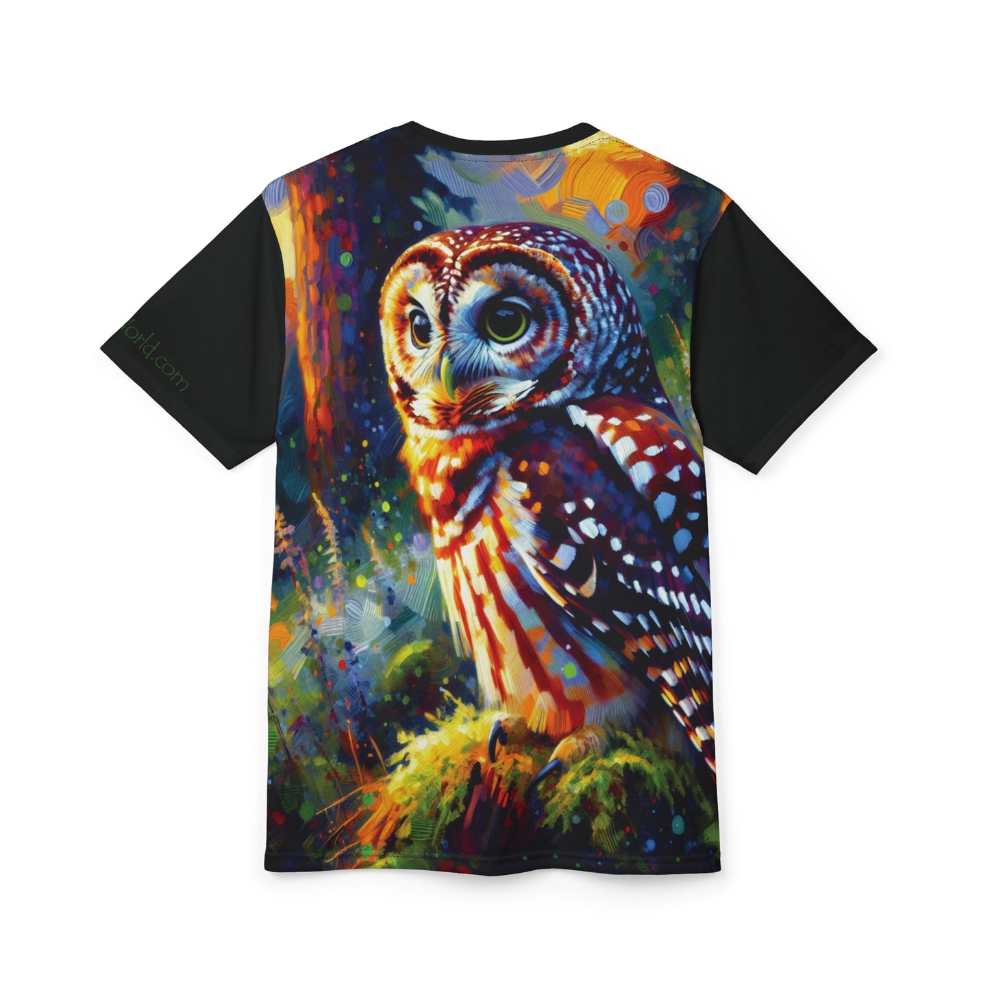 Barred Owl at Sunset Vibrant Art Tee | Colorful Unisex Cut & Sew T-Shirt, Wildlife Apparel, Unique Graphic Tee, Birthday Gift