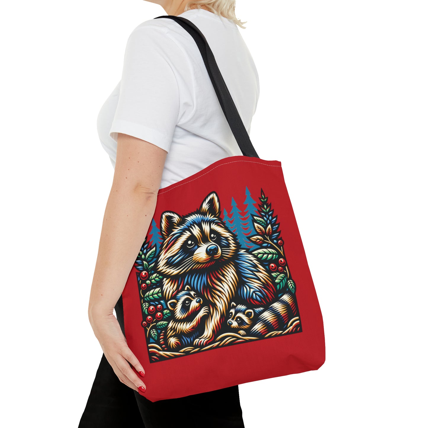 Woodcut Raccoon and Kits Tote Bag