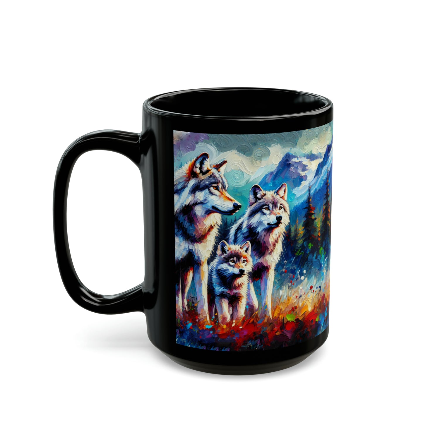Gray Wolf Family - Black Mugs (11oz, 15oz)