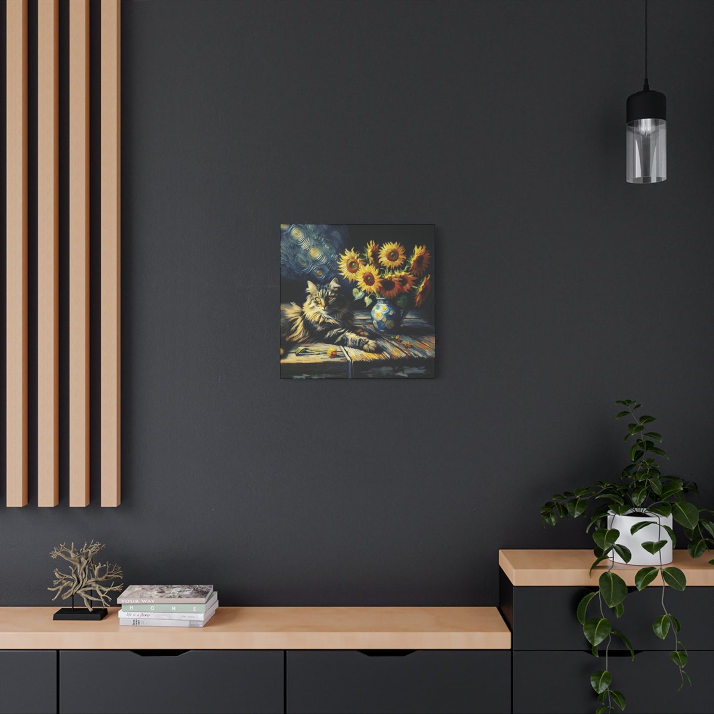Canvas Wall Art - Grey Tabby Cat with Sunflowers - Old Master Style Art
