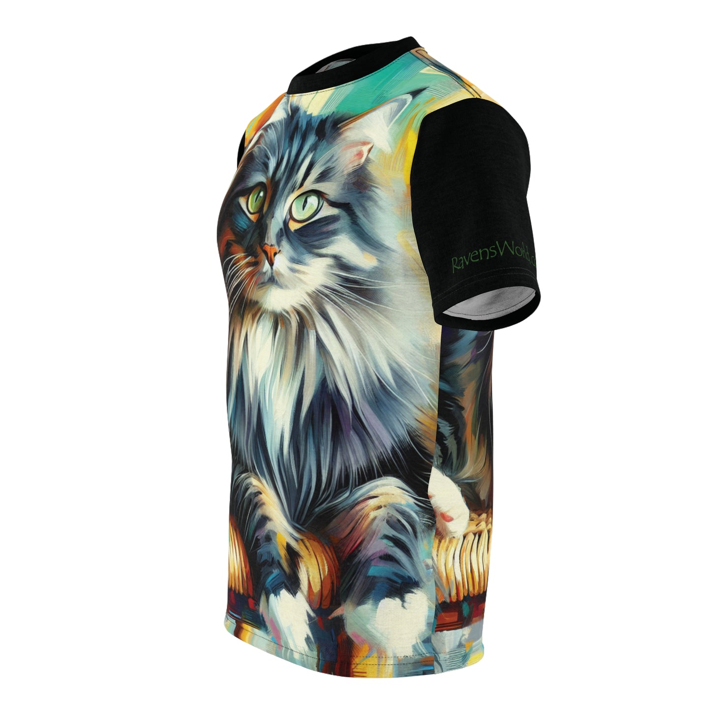 Longhaired Cat on Wooden Chair Vibrant Art Tee | Colorful Unisex Cut & Sew T-Shirt, Wildlife Apparel, Unique Graphic Tee, Birthday Gift