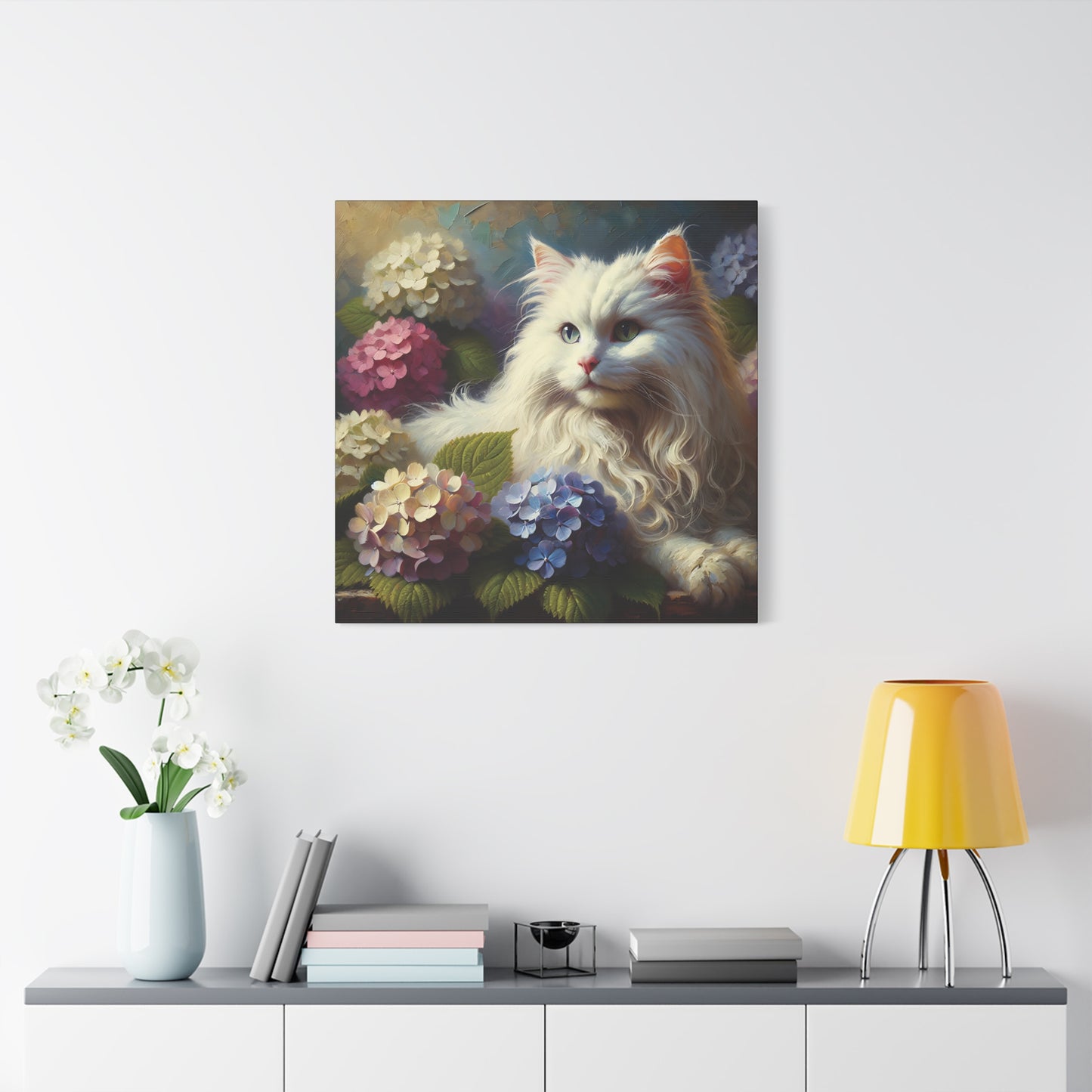 The Artist's White Cat with Hydrangeas, Impressionist Style Canvas Wall Art