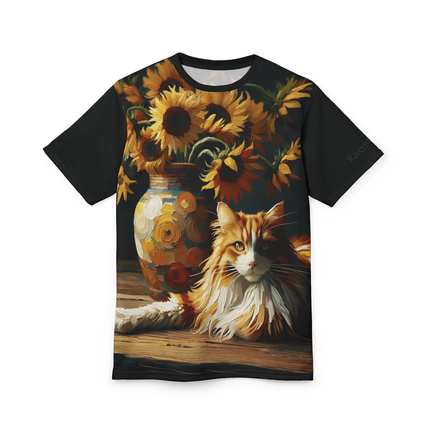 Orange and White Cat with Sunflowers Vibrant Art Tee | Colorful Unisex Cut & Sew T-Shirt, Cat Lover Apparel, Unique Graphic Tee, Birthday Gift