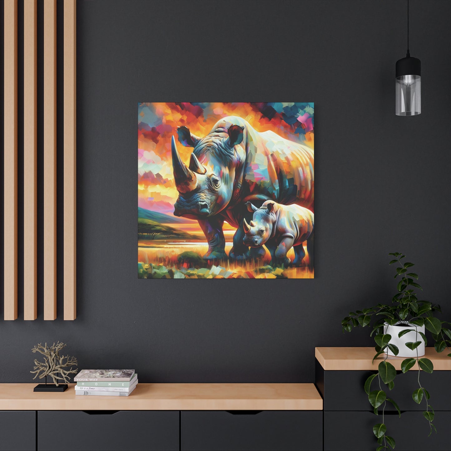 Rhinos at Sunset Expressionist Canvas Art Print