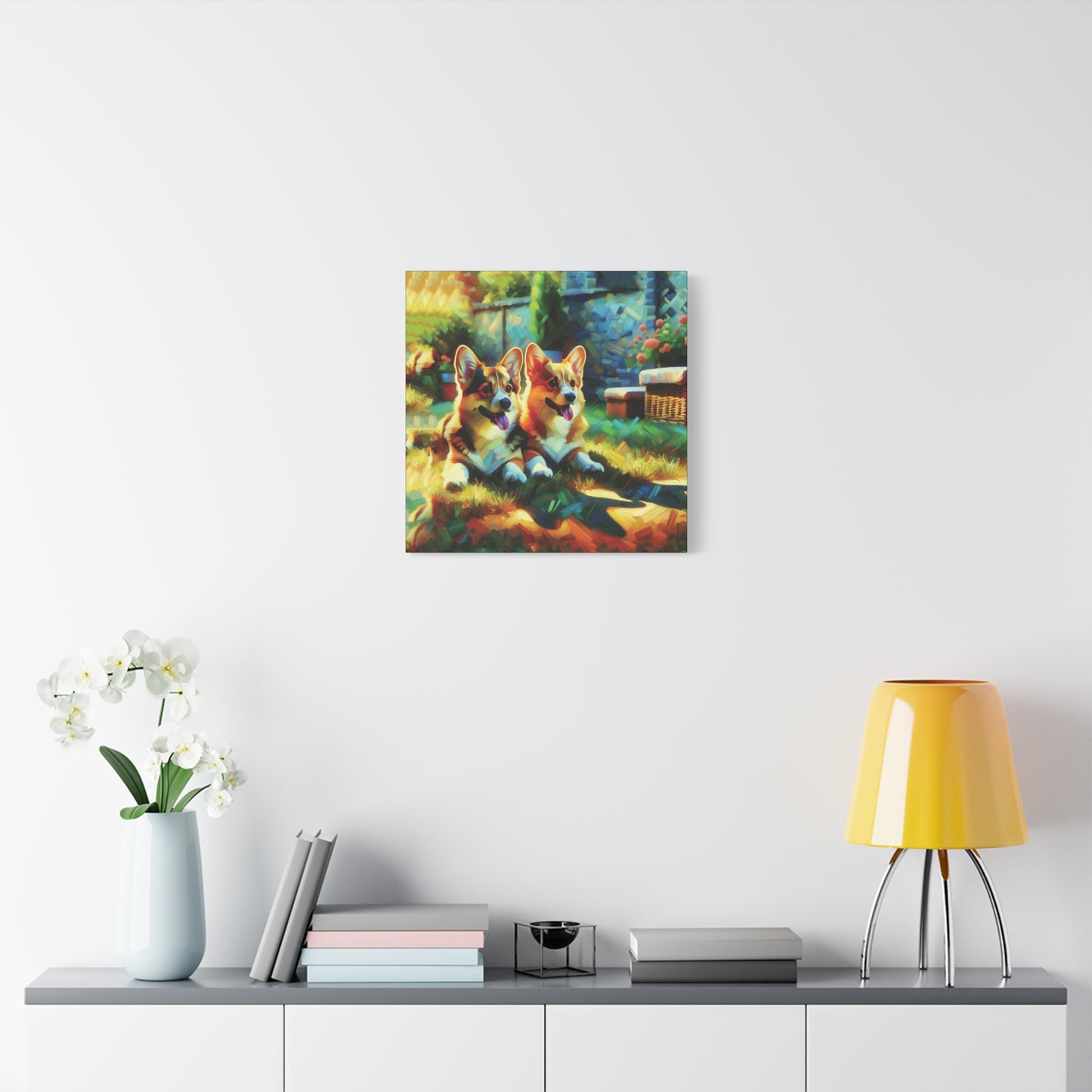 Canvas Wall Art - Pembroke Corgi Pair Resting in Garden - Contemporary Impressionist Print