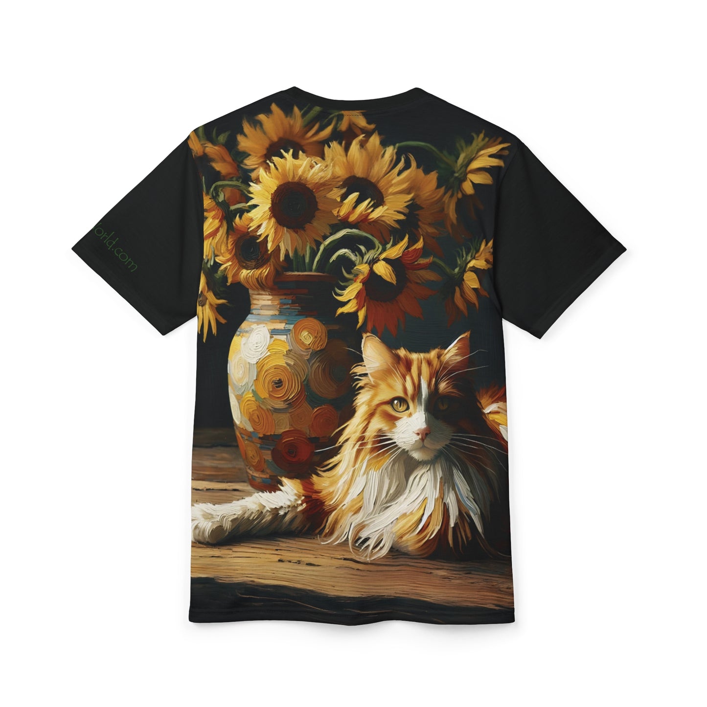 Orange and White Cat with Sunflowers Vibrant Art Tee | Colorful Unisex Cut & Sew T-Shirt, Cat Lover Apparel, Unique Graphic Tee, Birthday Gift