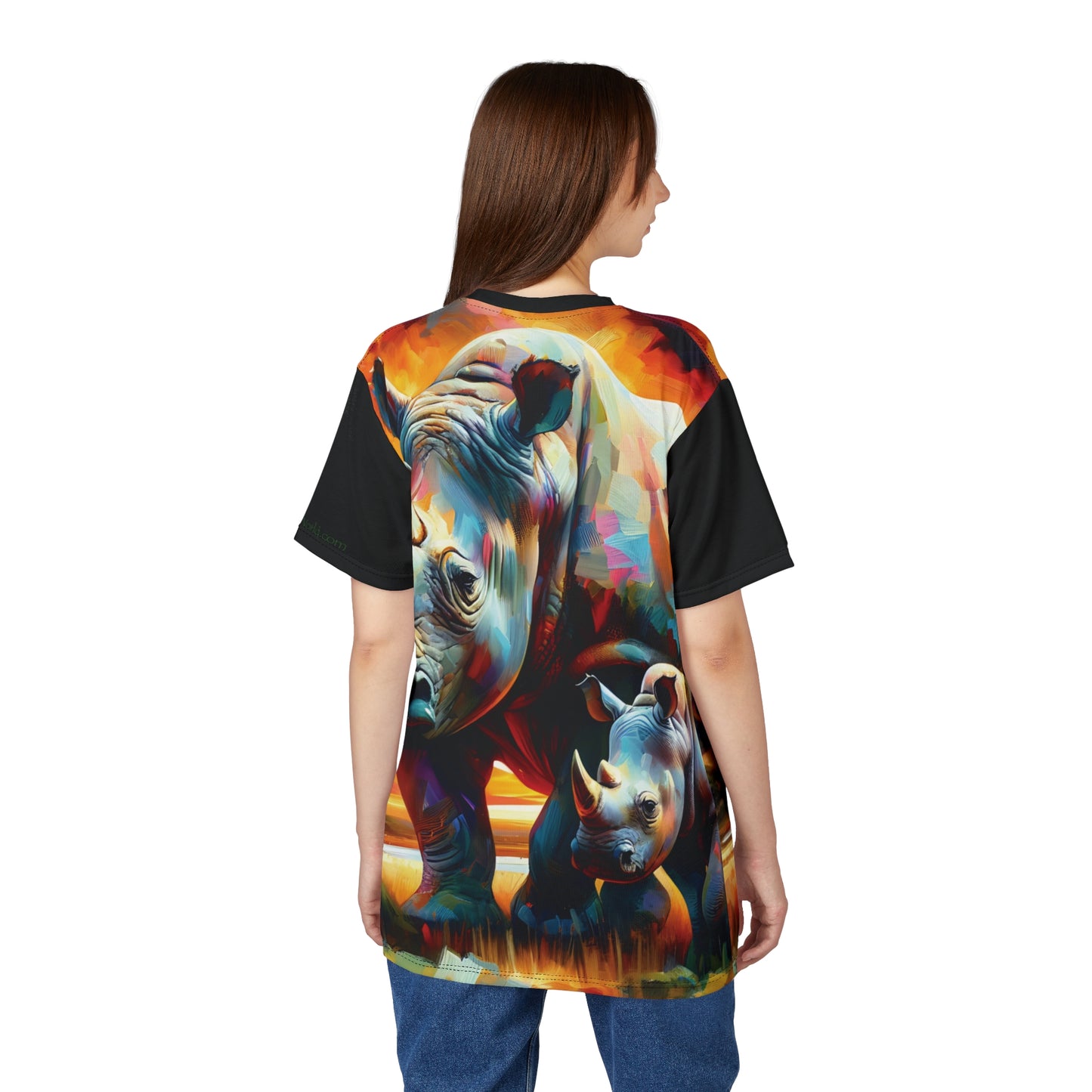 Rhinos at Sunset Art Tee | Colorful Unisex Cut & Sew T-Shirt, Wildlife Apparel, Unique Graphic Tee, Birthday Gift