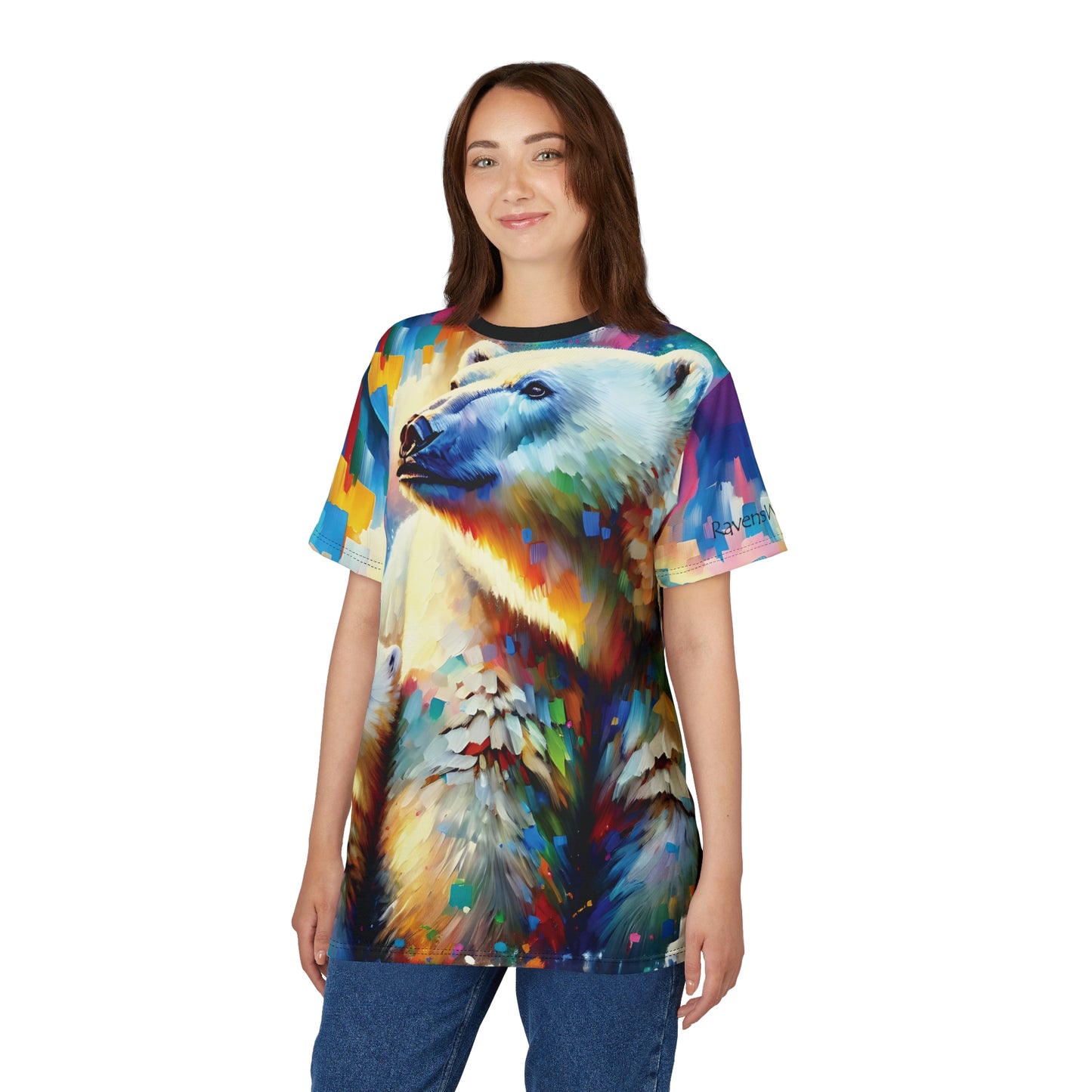 Polar Bear with Cub Vibrant Art Tee | Colorful Unisex Cut & Sew T-Shirt, Wildlife Apparel, Unique Graphic Tee, Birthday Gift