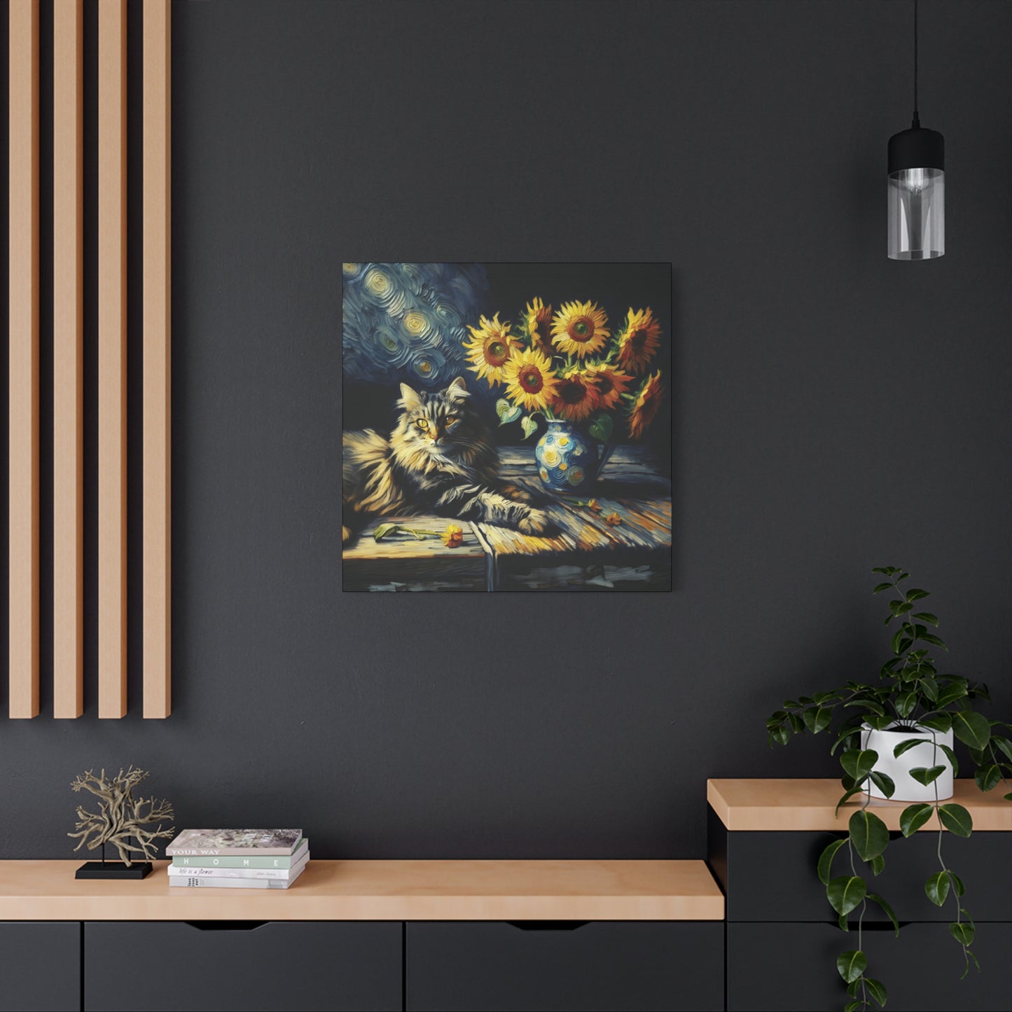 Canvas Wall Art - Grey Tabby Cat with Sunflowers - Old Master Style Art