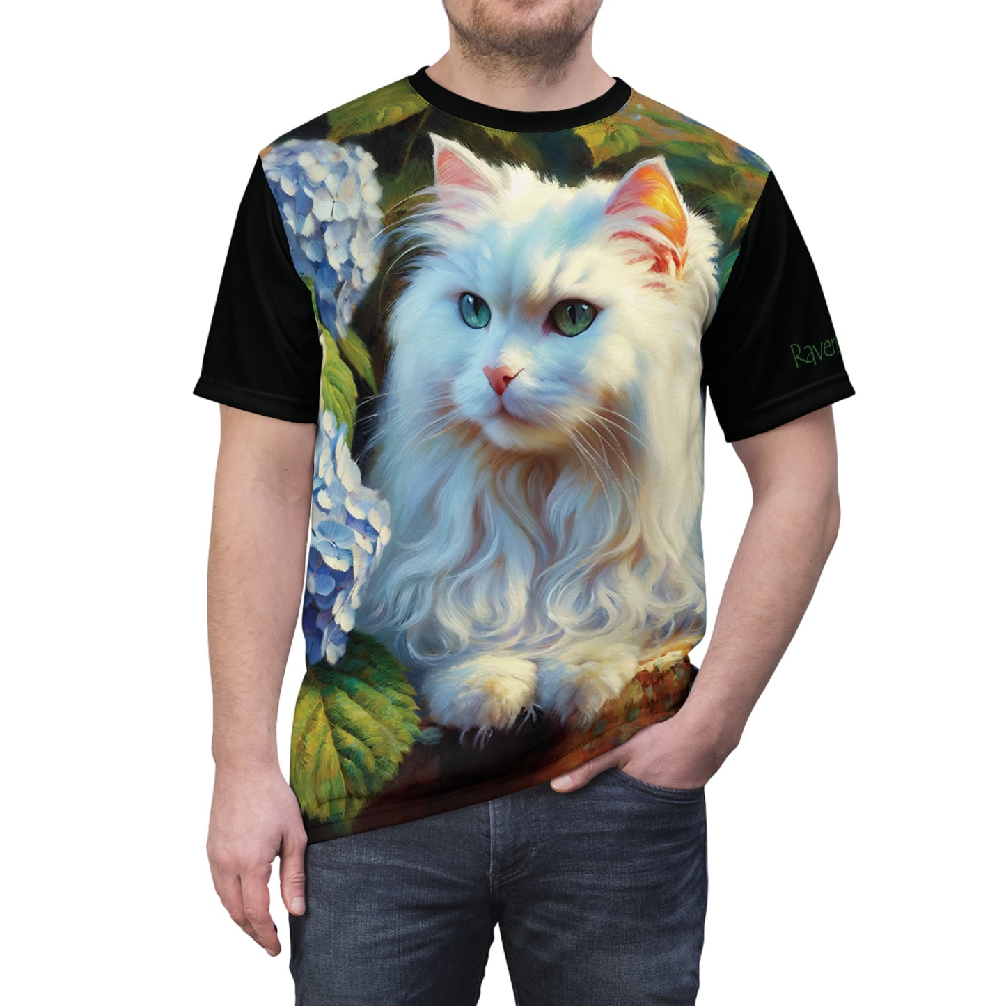 White Cat with Hydrangeas Vibrant Art Tee | Colorful Unisex Cut & Sew T-Shirt, Cat Lover Apparel, Unique Graphic Tee, Birthday Gift