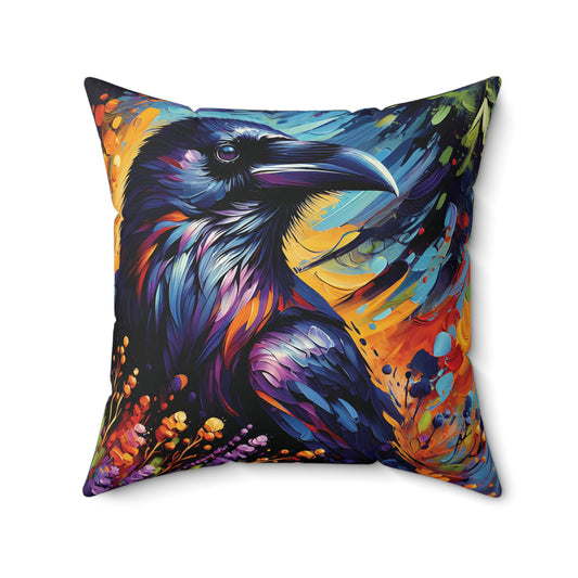 Colorful pillow with a stylized raven  design
