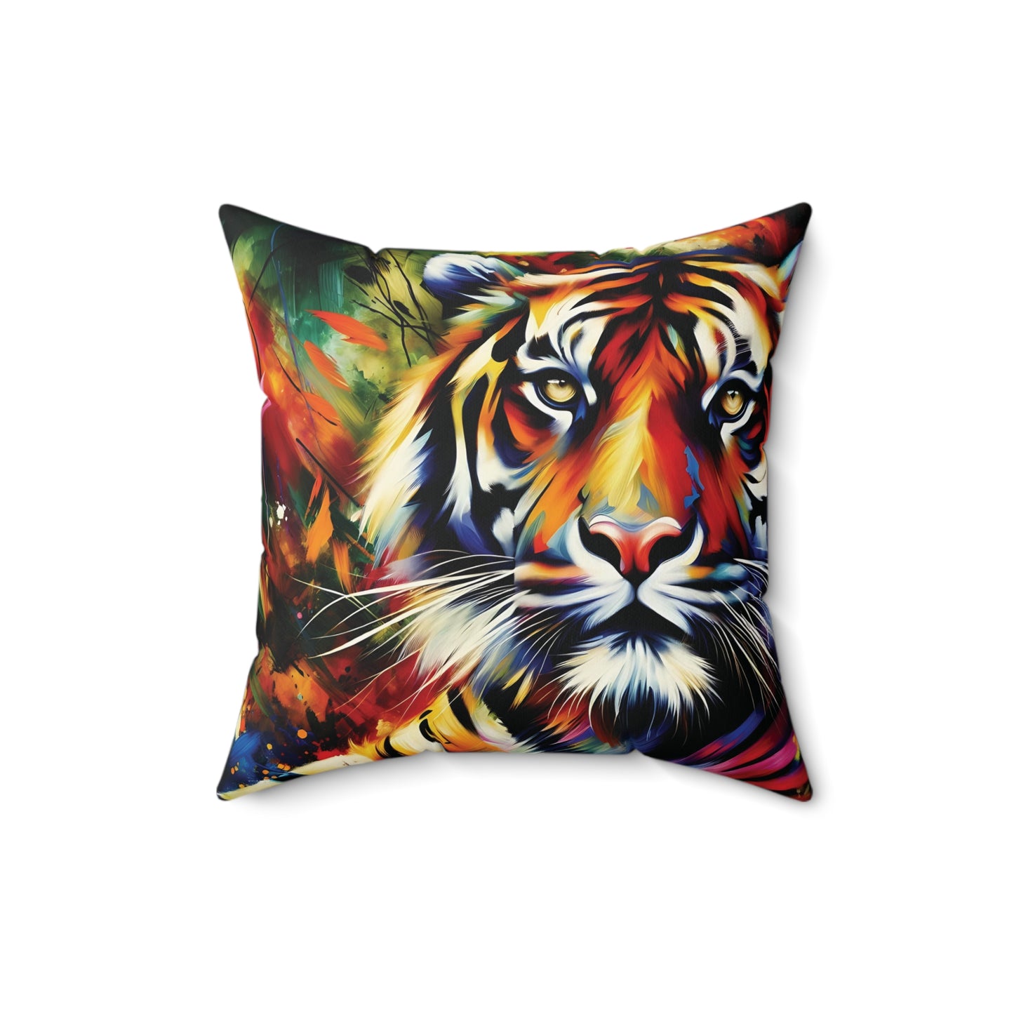 Tiger Pillow - Tiger Portrait in Bright Colors on Faux Suede Pillow