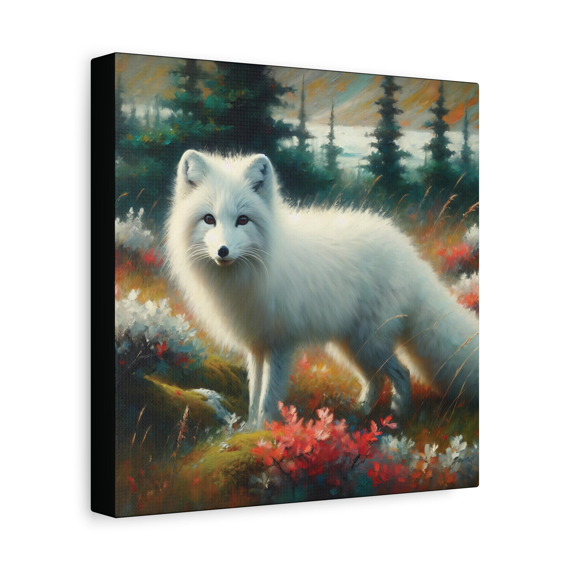 Canvas print of a white fox in a forest setting with colorful foliage.