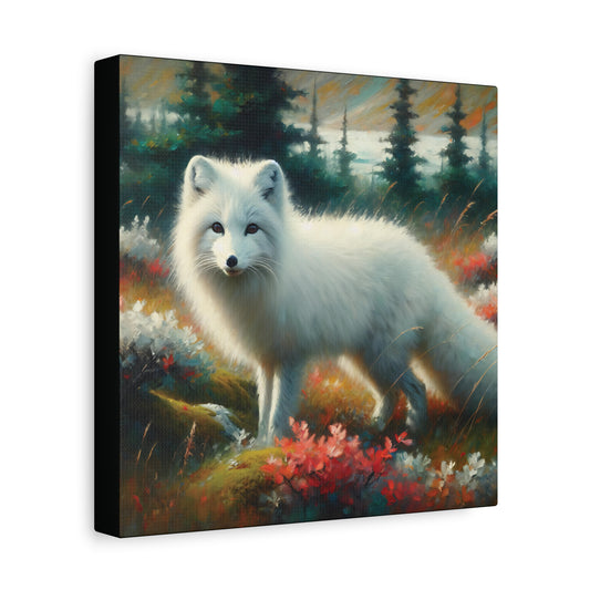 Canvas print of a white fox in a forest setting with colorful foliage.