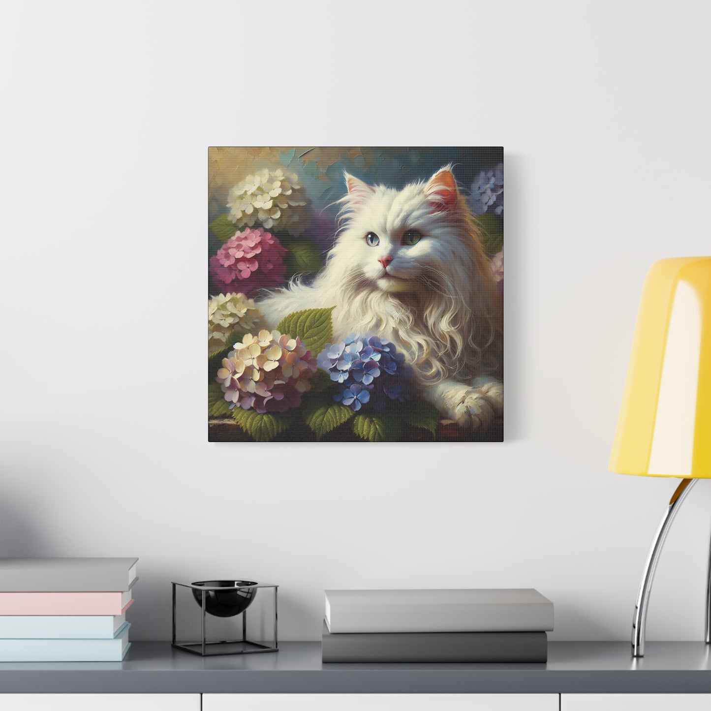 The Artist's White Cat with Hydrangeas, Impressionist Style Canvas Wall Art