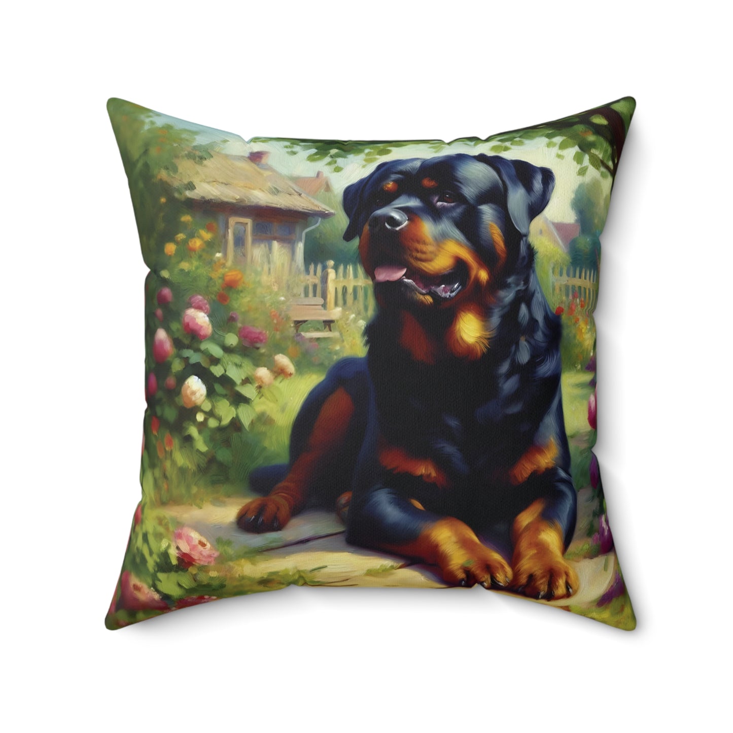 Decorative pillow with a Rottweiler in a garden scene