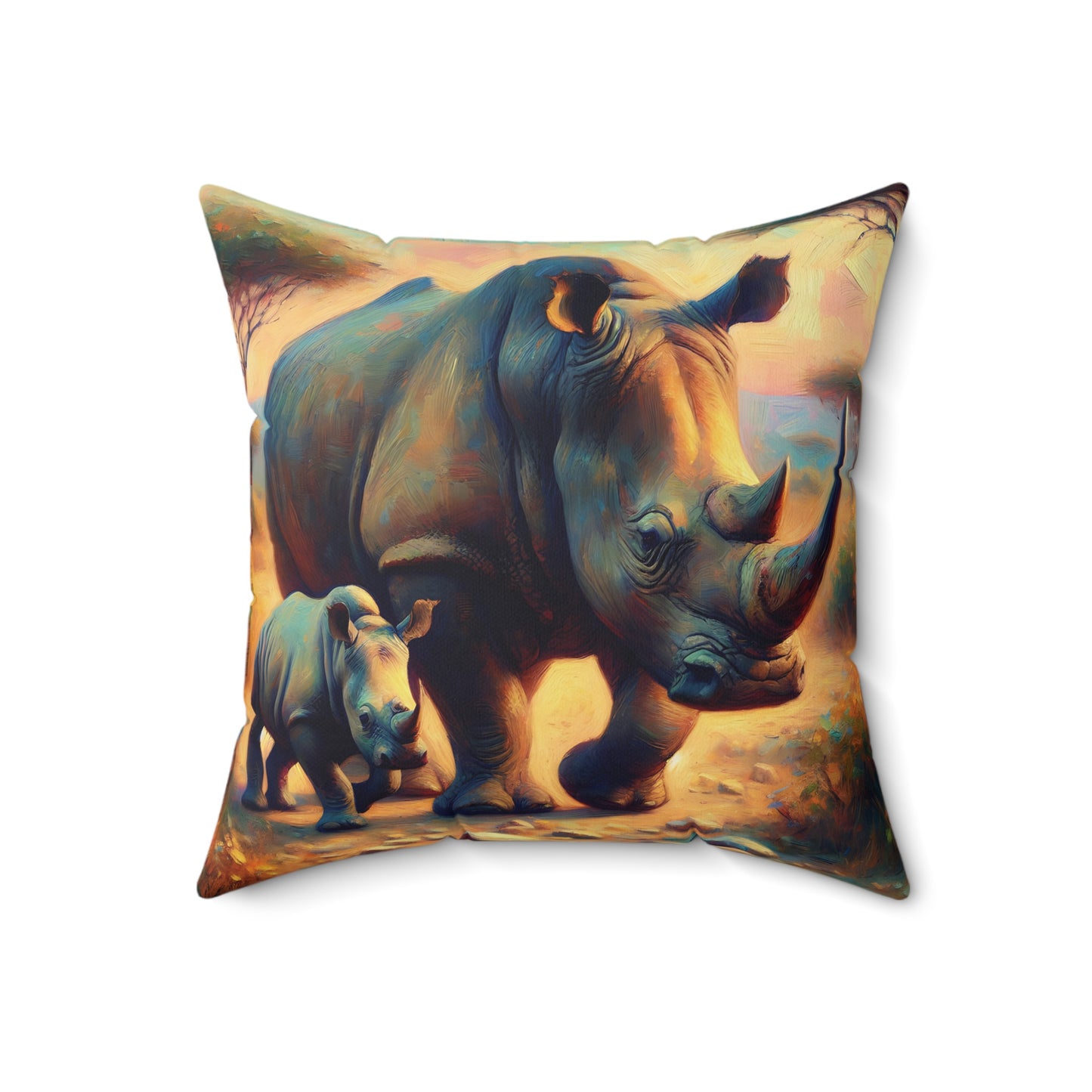 Rhino Throw Pillow - Rhino with Baby Impressionist Style Art on Faux Suede Square Pillow