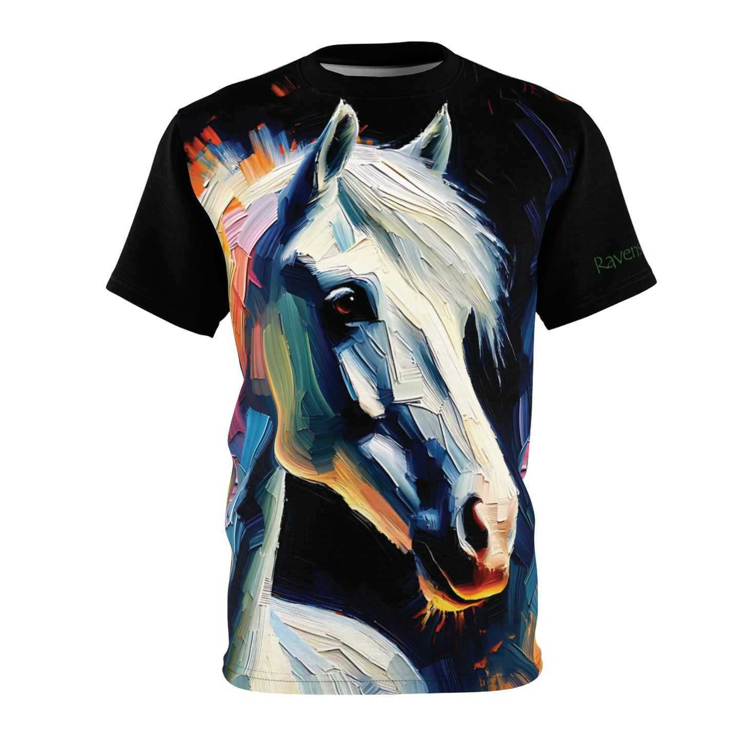 T-shirt with a colorful Arabian horse design on a white background
