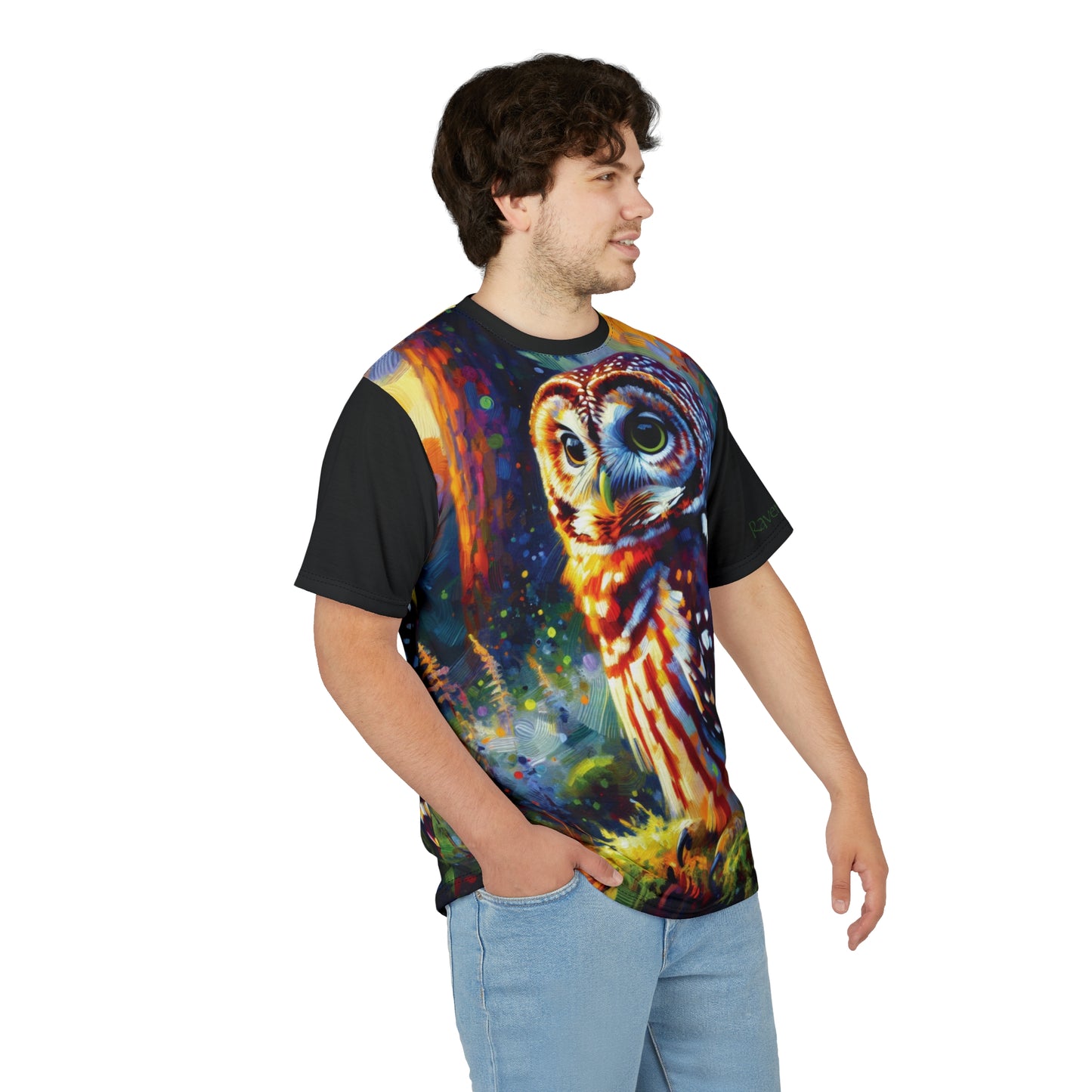 Barred Owl at Sunset Vibrant Art Tee | Colorful Unisex Cut & Sew T-Shirt, Wildlife Apparel, Unique Graphic Tee, Birthday Gift