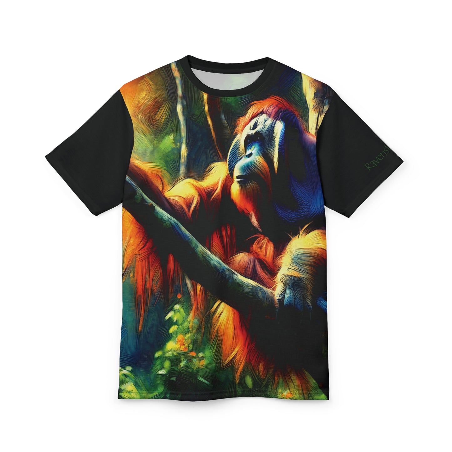 Orangutan in Tree Vibrant Art Tee | Colorful Unisex Cut & Sew T-Shirt, Wildlife Apparel, Unique Graphic Tee, Birthday Gift