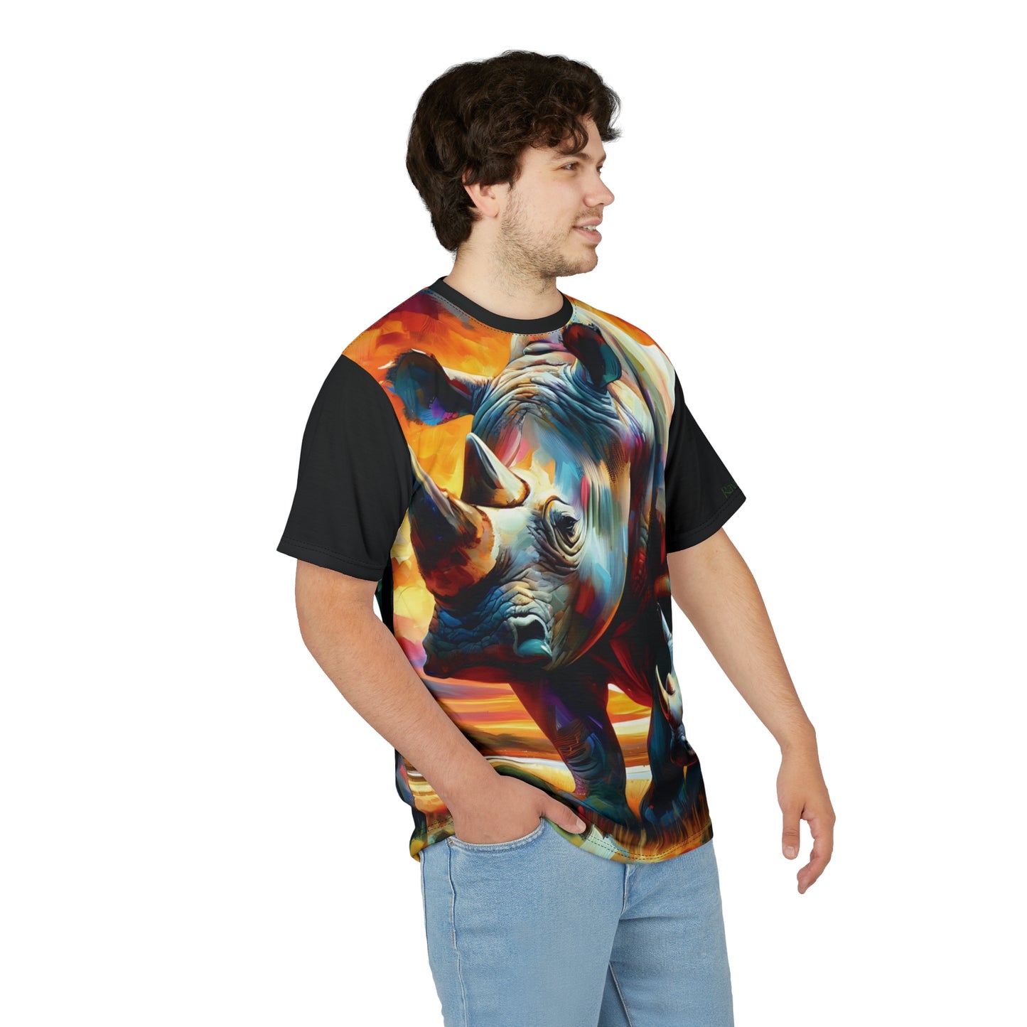 Rhinos at Sunset Art Tee | Colorful Unisex Cut & Sew T-Shirt, Wildlife Apparel, Unique Graphic Tee, Birthday Gift