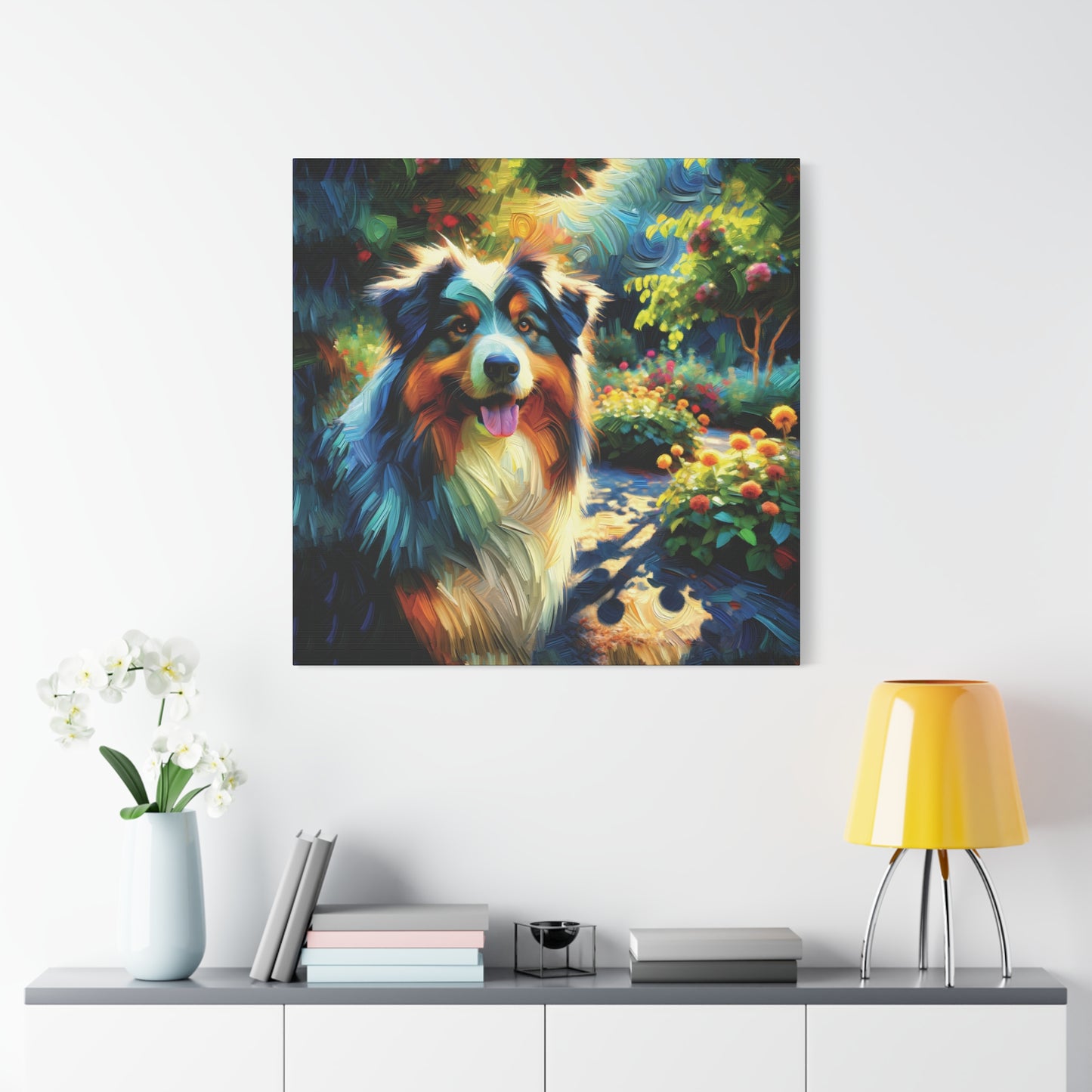 Canvas Wall Art - Australian Shepherd on Garden Path, Contemporary Impressionist Art Print