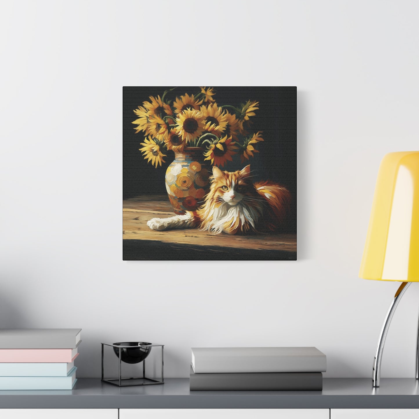 Canvas Wall Art - Orange and White Cat with Sunflowers Old Master Style Art