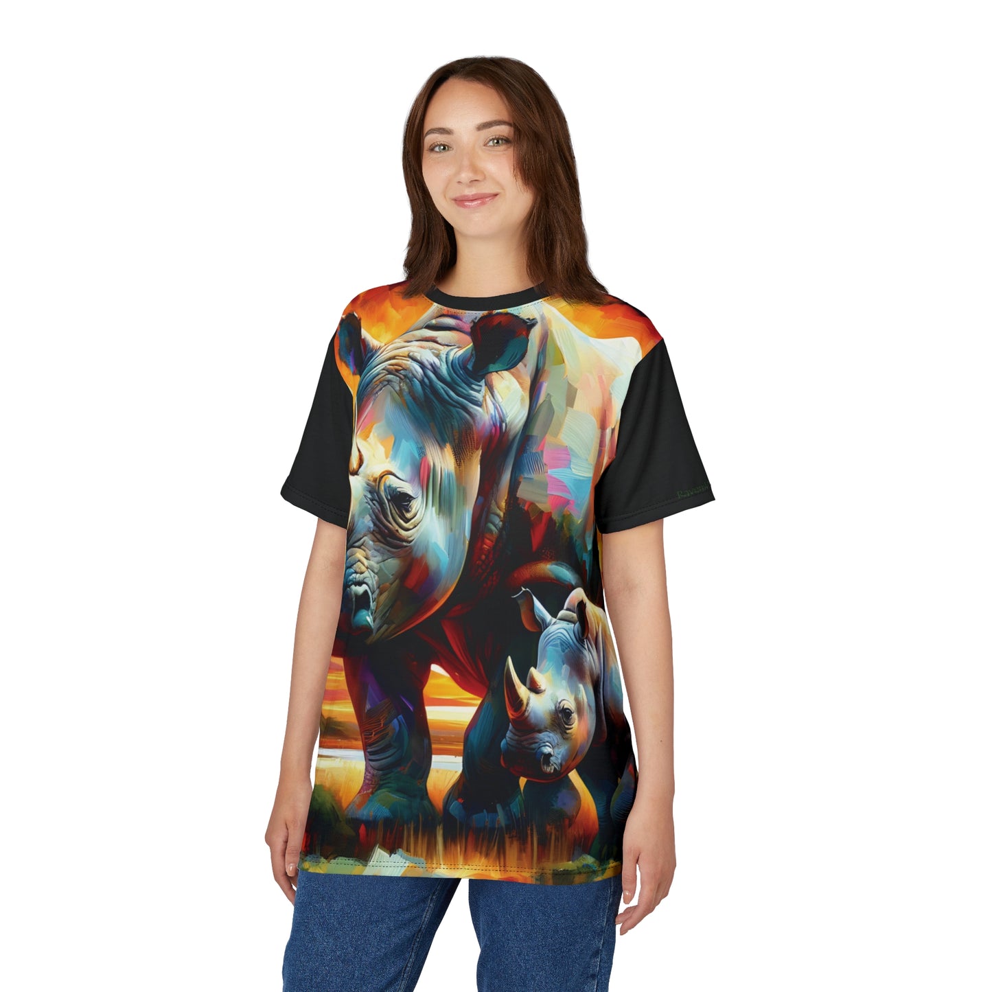 Rhinos at Sunset Art Tee | Colorful Unisex Cut & Sew T-Shirt, Wildlife Apparel, Unique Graphic Tee, Birthday Gift