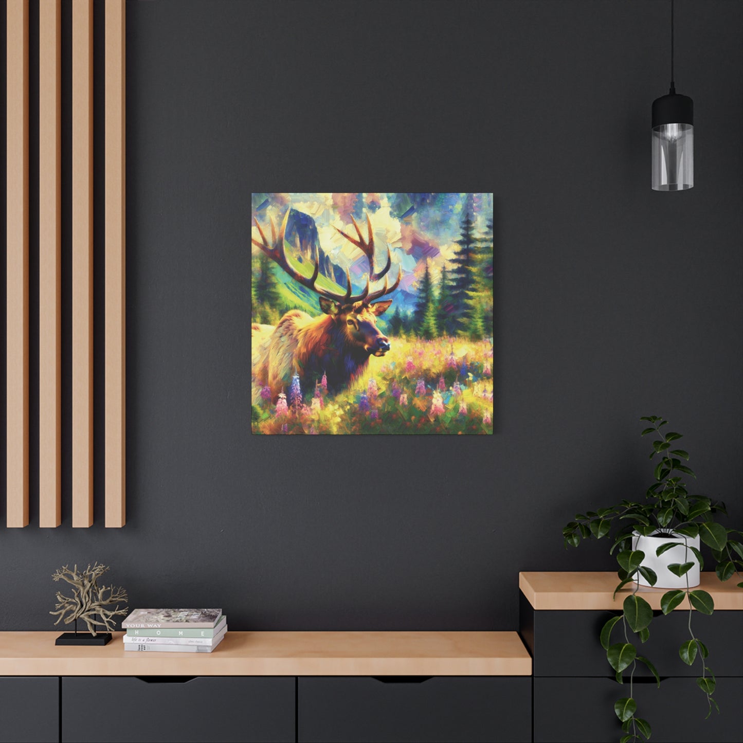 Bull Elk in Mountain Meadow Impressionist Canvas Art Print