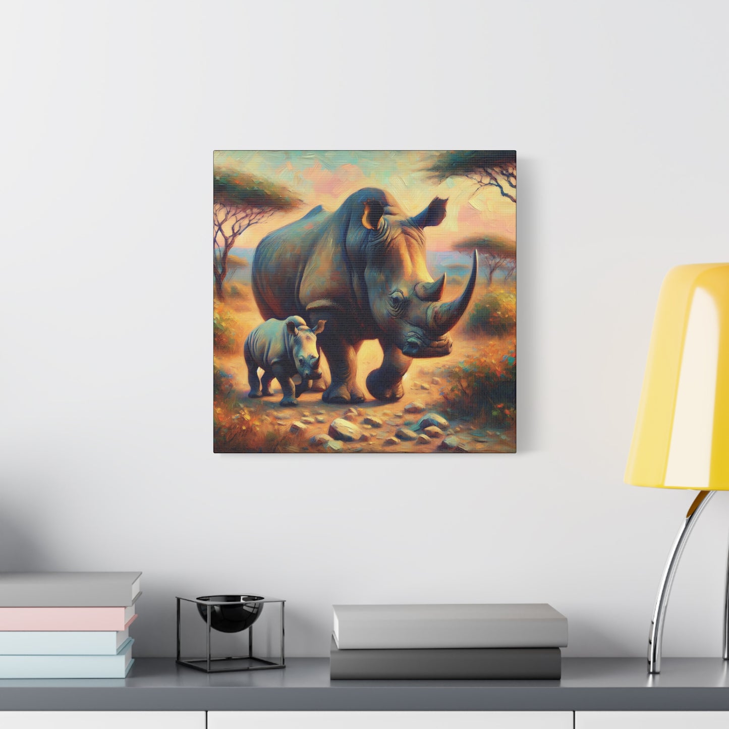 Rhino with Baby Impressionist Canvas Wall Art