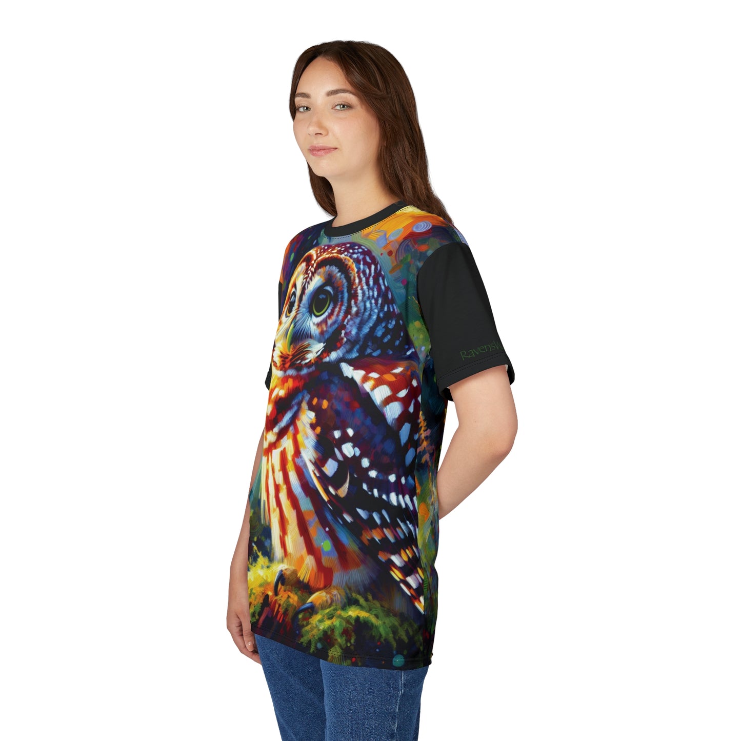 Barred Owl at Sunset Vibrant Art Tee | Colorful Unisex Cut & Sew T-Shirt, Wildlife Apparel, Unique Graphic Tee, Birthday Gift